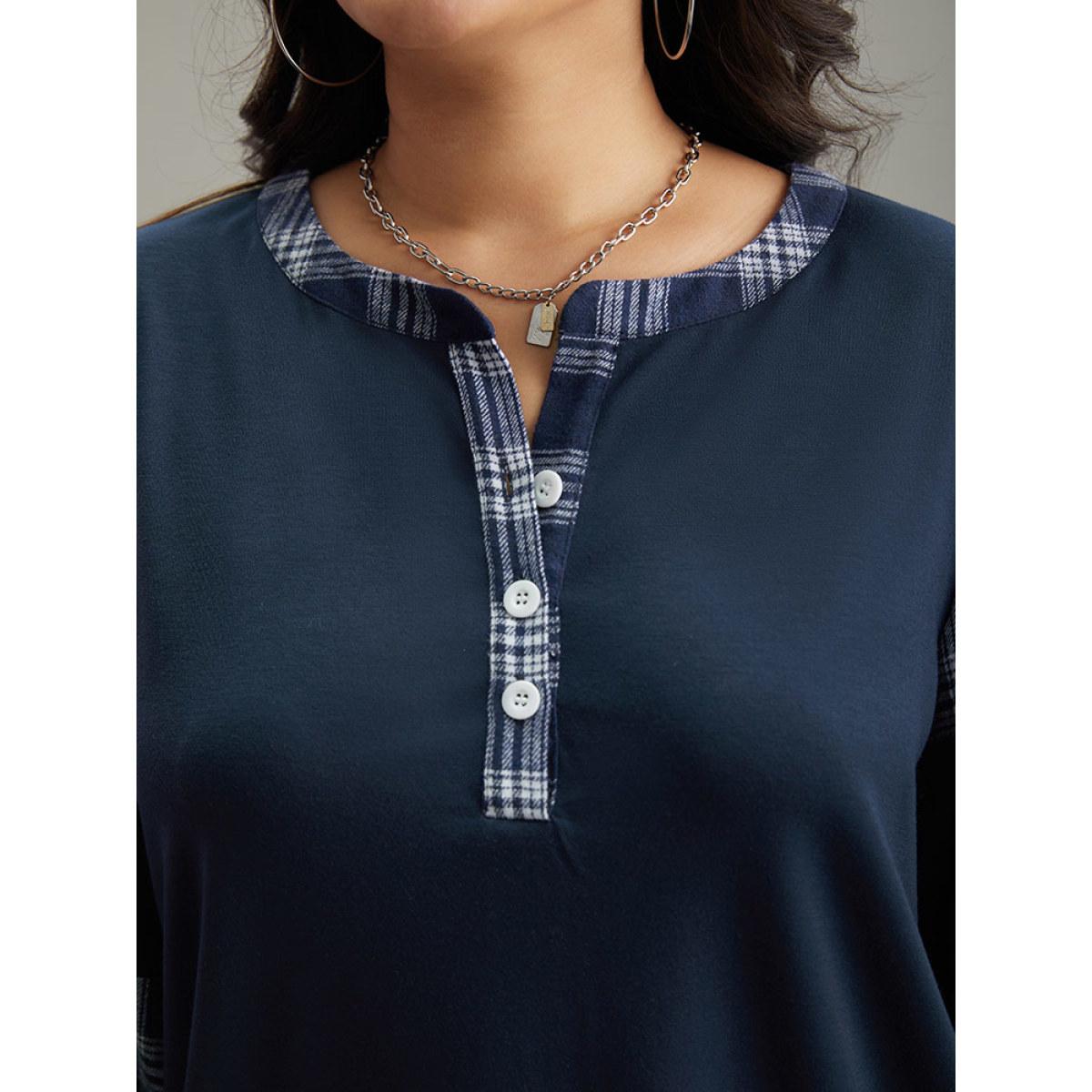 Plus Size Plaid Patchwork Button Up Rib Knit Sweatshirt Women Indigo Casual Elastic cuffs Open Front Dailywear Sweatshirts BloomChic 10/M Product Image