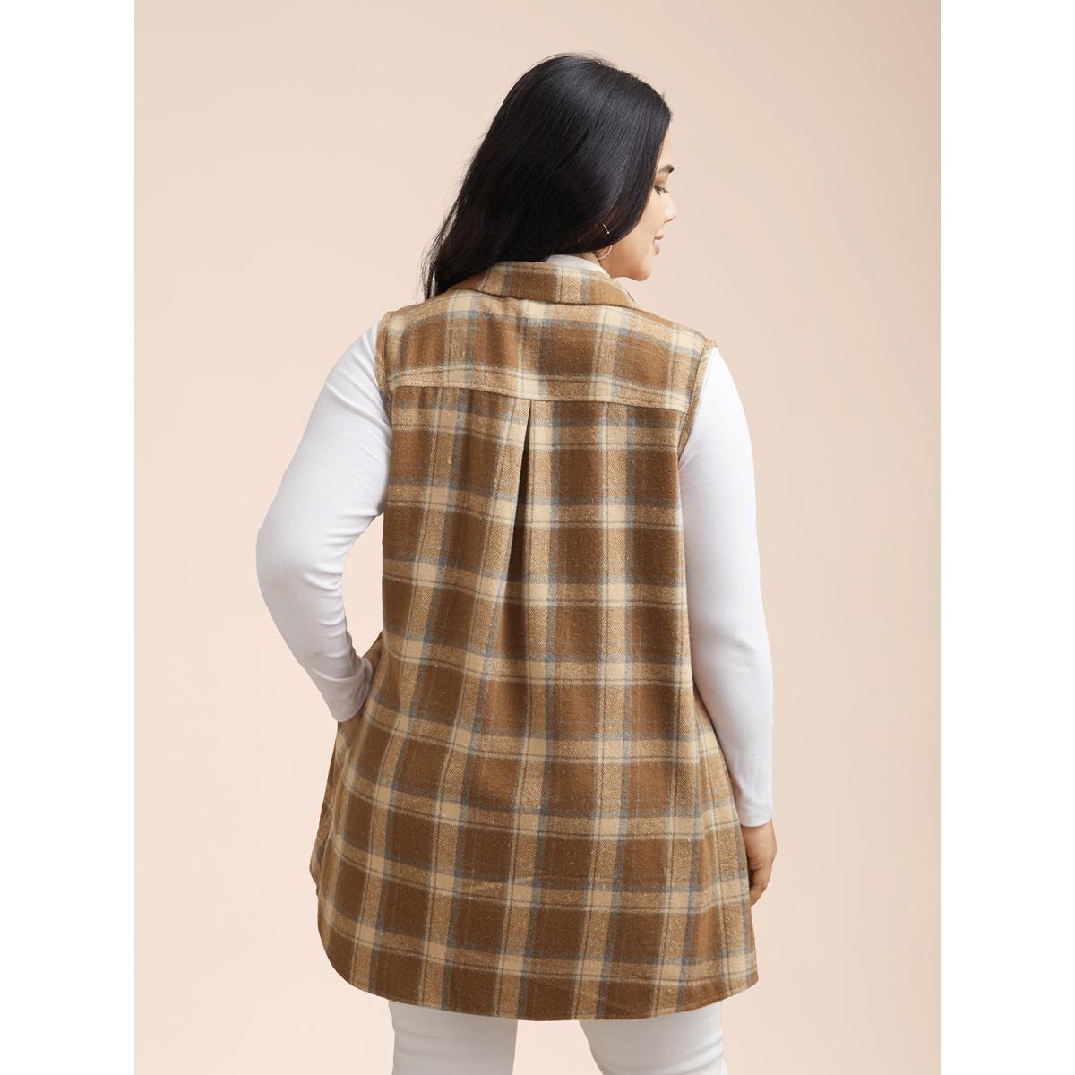 Plus Size Plaid Flap Detail Sleeveless Jacket Women Bronze Button Side seam pocket Everyday Jackets BloomChic 26/4X Product Image