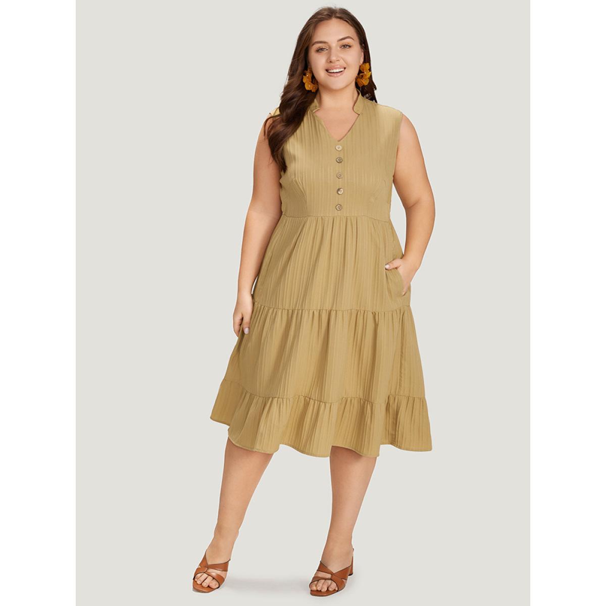 Plus Size Textured Button Detail Ruffle Layered Hem Sleeveless Dress LightBrown Women Elegant Button Stand-up collar Sleeveless Curvy Midi Dress BloomChic 14-16/1X Product Image