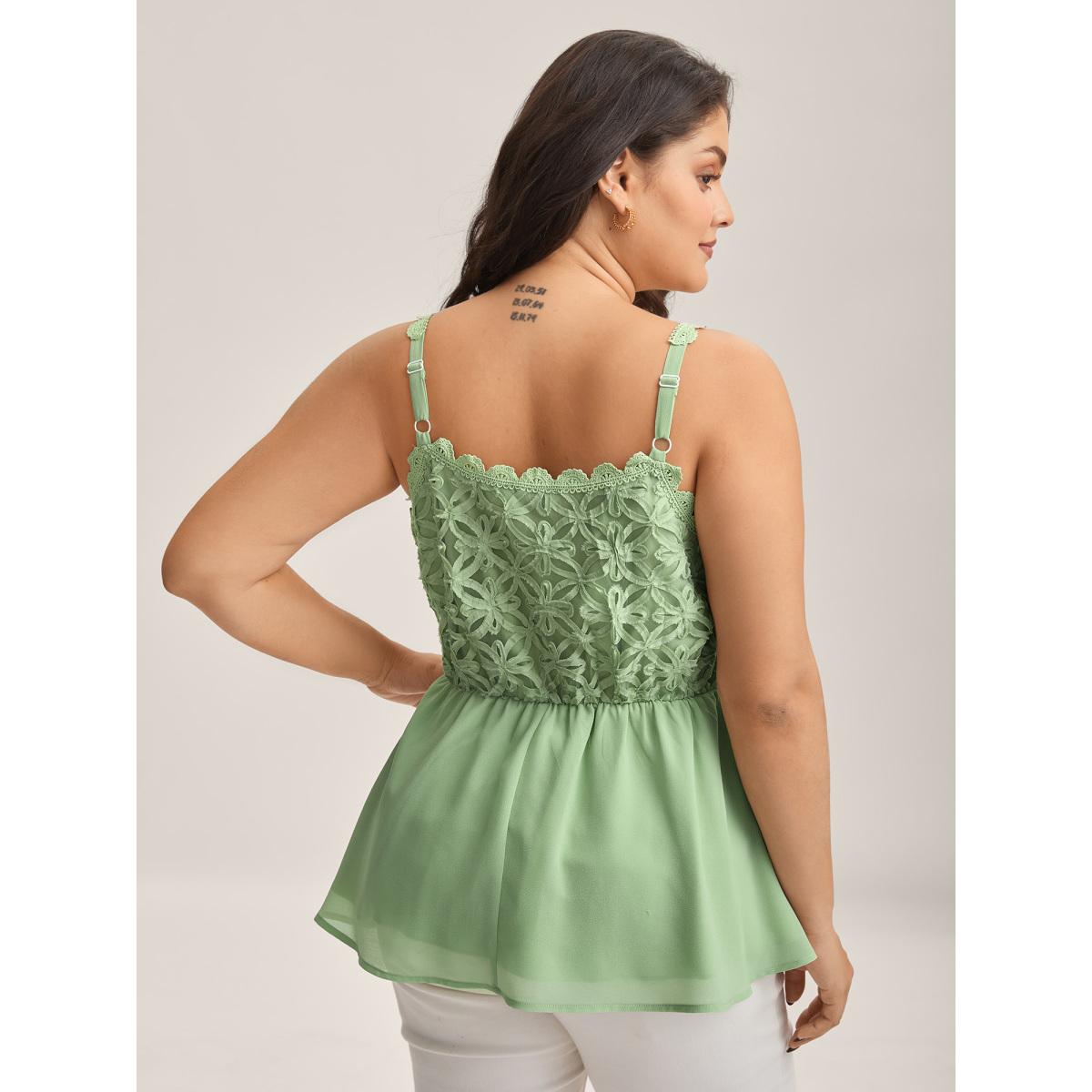Plus Size Textured Lace Tie Flared Tank Top Women Greenbean Woven ribbon&lace trim V-neck Everyday-Elegant Tank Tops Camis BloomChic 14-16/1X Product Image