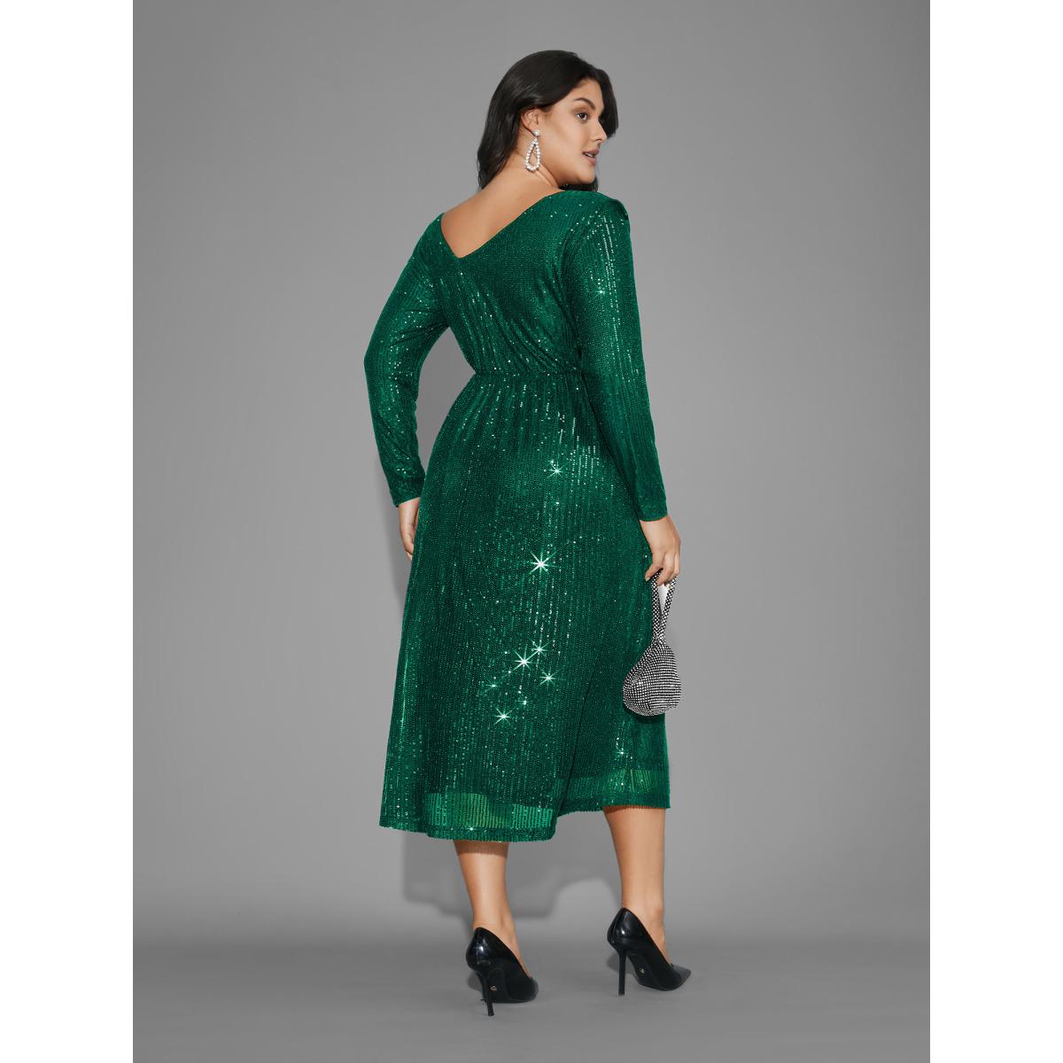 Plus Size Sequin Mesh Asymmetrical Neck Midi Dress DarkGreen Women Party&Cocktail Texture Party Curvy Bloomchic 28/5X Product Image