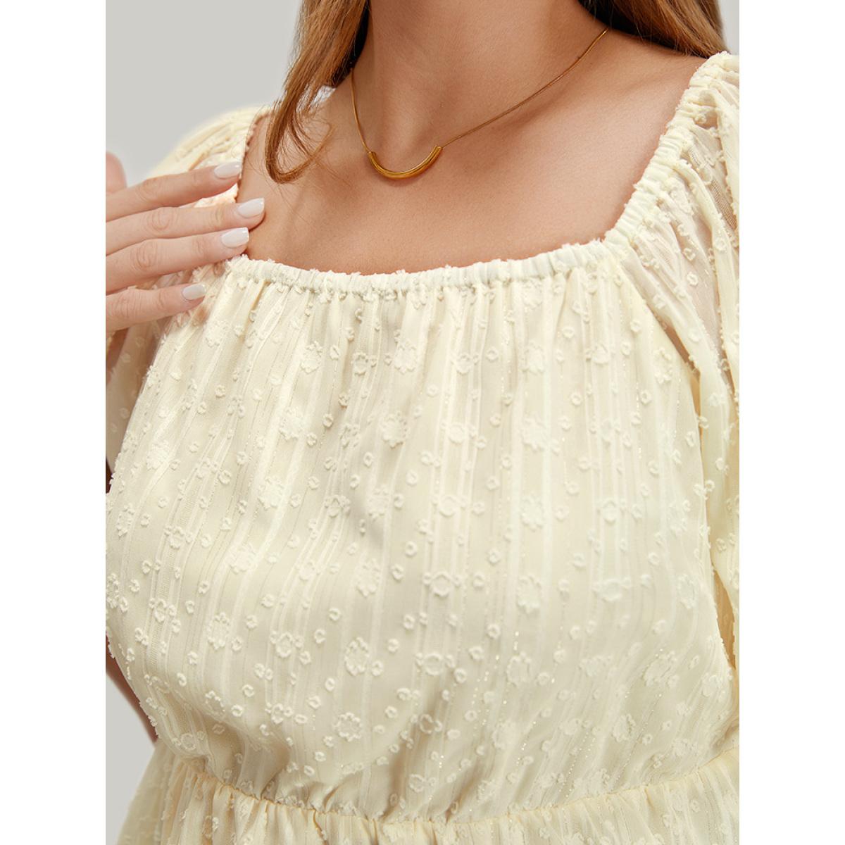 Plus Size Ivory Plisse Mesh Square Neck Elastic Waist Blouse Women Elegant Short sleeve Square Neck Dailywear Blouses BloomChic 28/5X Product Image