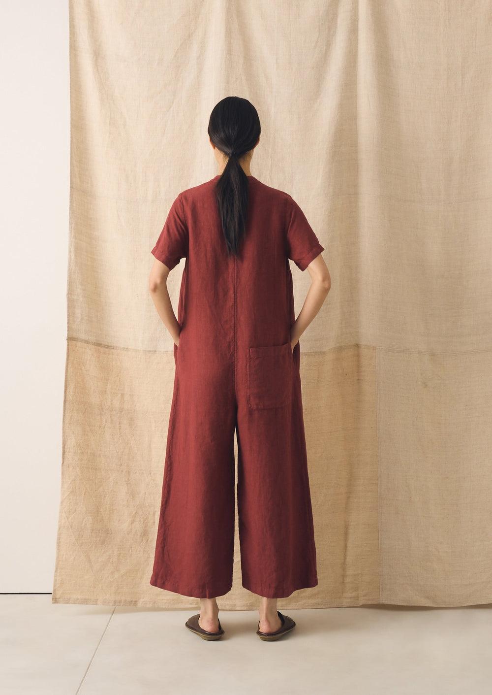 V Neck Garment Dyed Linen Jumpsuit | Tomato Red Product Image