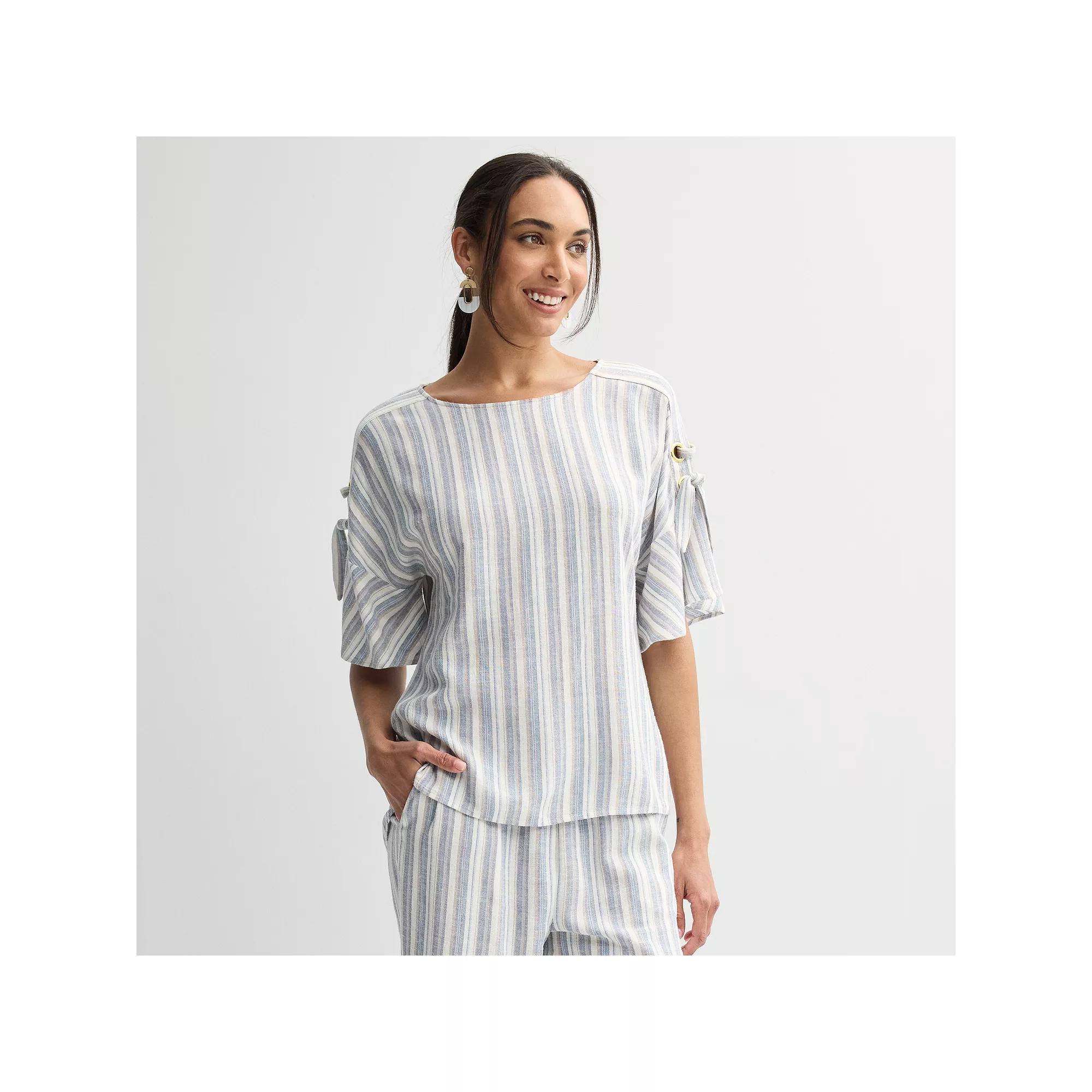 Women's Ellen Tracy Grommet Linen Dolman Sleeve Top, Size: Small, Blue  Stripe Product Image