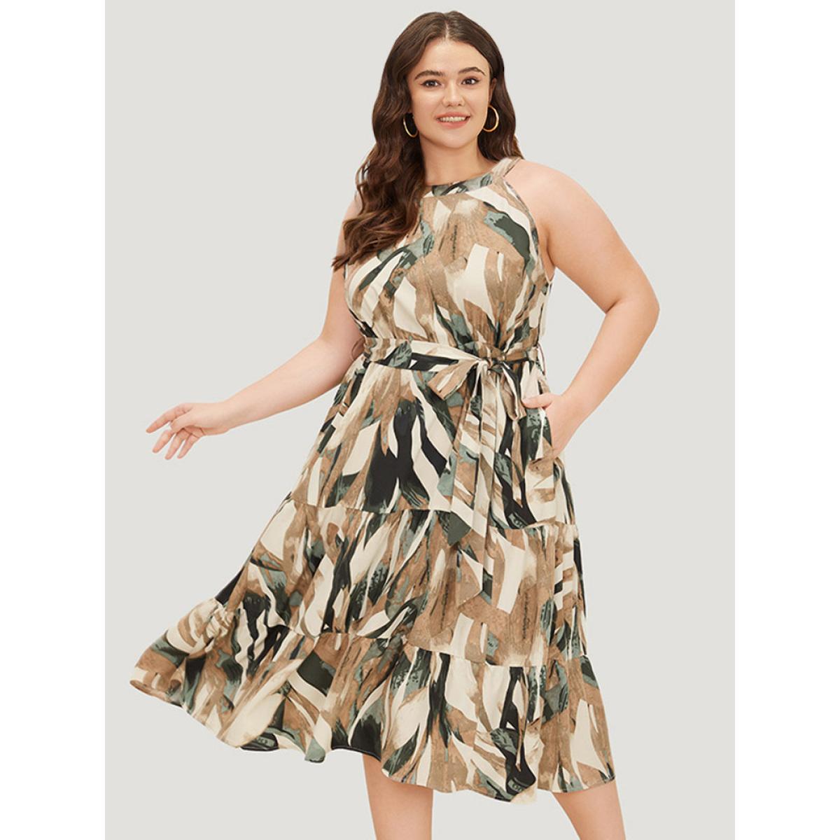 Plus Size Geometric Contrast Ruffles Layered Pocket Belt Knot Halter Dress DarkGreen Women Elegant Belted Halter neck Sleeveless Curvy Long Dress BloomChic 22-24/3X Product Image