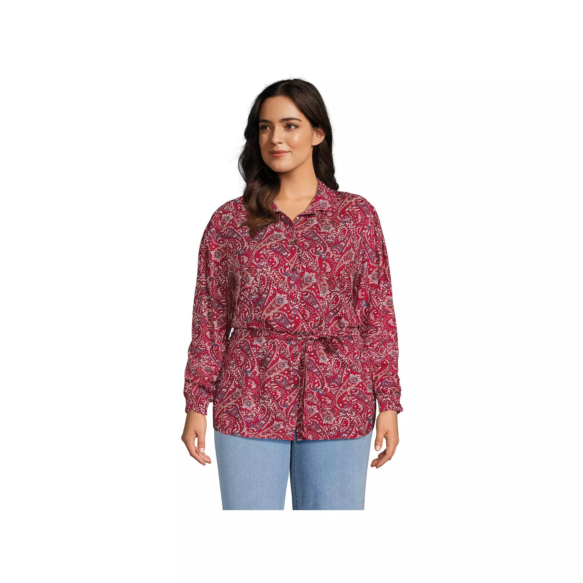 Plus Size Lands' End Women's Tie Waist Shirt, Size: 1XL, Black Product Image