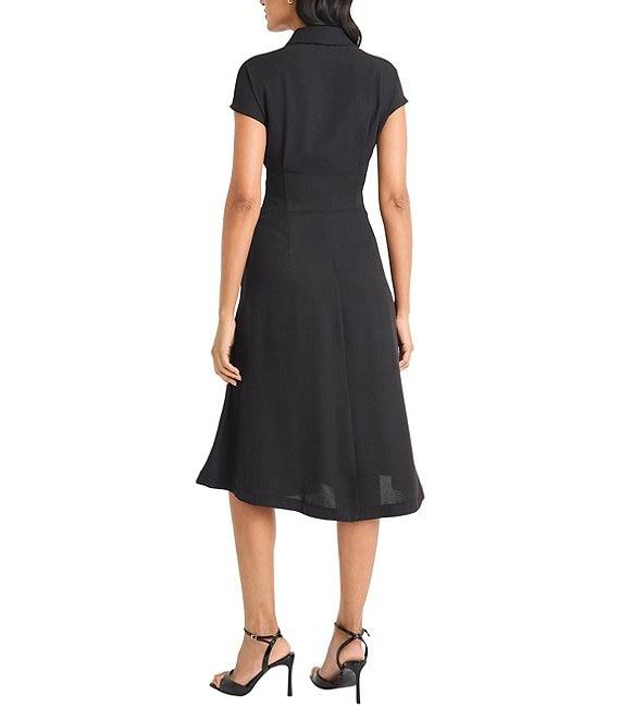 Maggy London Solid Drapery Twill Collared V-Neck Short Sleeves Pleated A-Line Midi Dress Product Image