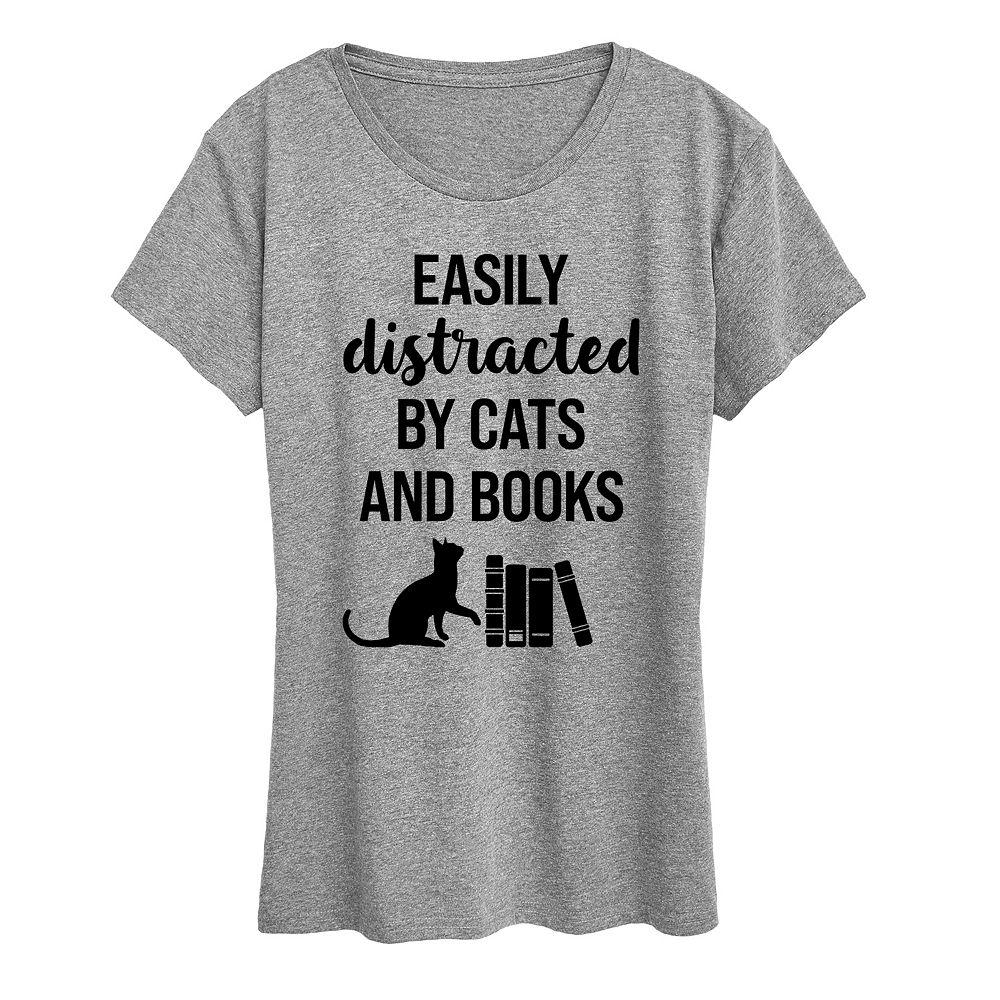 Women's Easily Distracted Cats Books Graphic Tee, Girl's,  Product Image