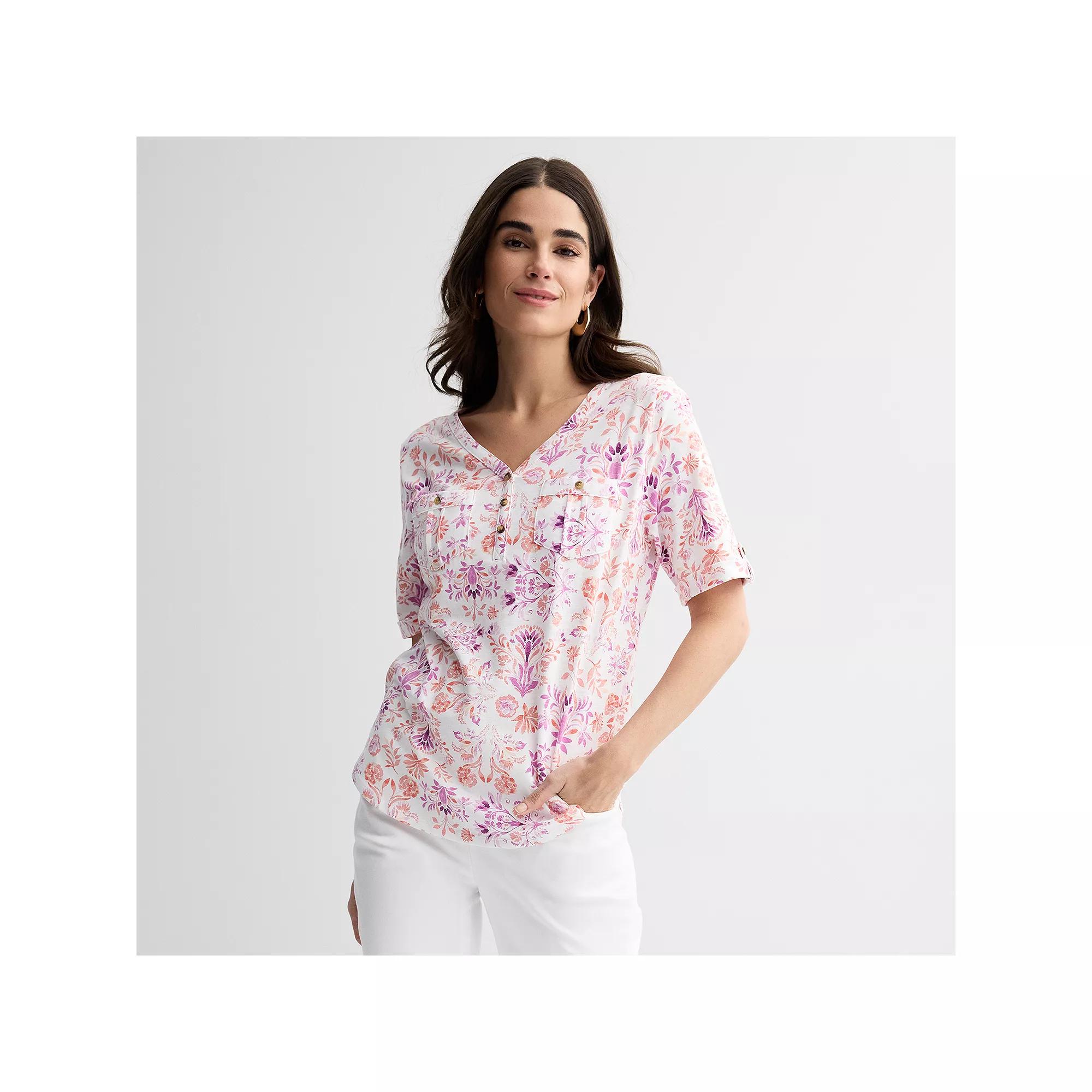 Women's Croft & Barrow® Elbow Sleeve Utility Henley Top, Size: Medium, Purple Spring Tile Product Image