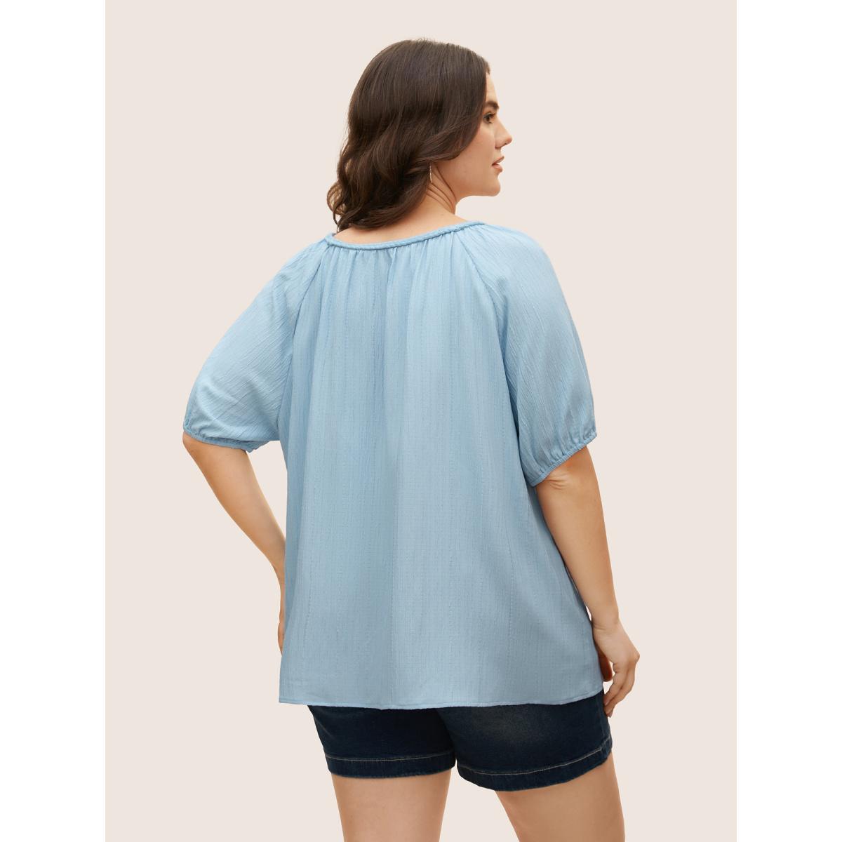 Plus Size LightBlue Plain Textured Woven Ribbon Keyhole Blouse Women Casual Short sleeve V-neck Everyday Blouses BloomChic 10/M Product Image