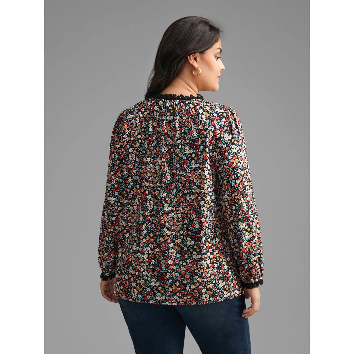 Plus Size Black Ditsy Floral Lace Patchwork Slit Hem Blouse Women Elegant Long Sleeve Stand-up collar Everyday Blouses BloomChic 10/M Product Image