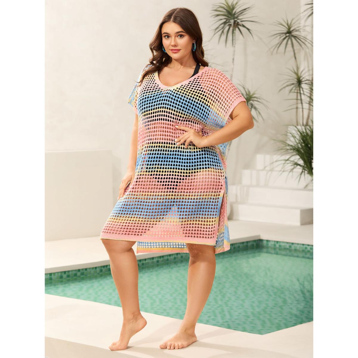 Plus Size Color Contrast Spliced Crochet Swim Cover-Up Women's Swimwear Multicolor Beach Loose Texture Curve Swim Cover Ups BloomChic 18-20/2X Product Image