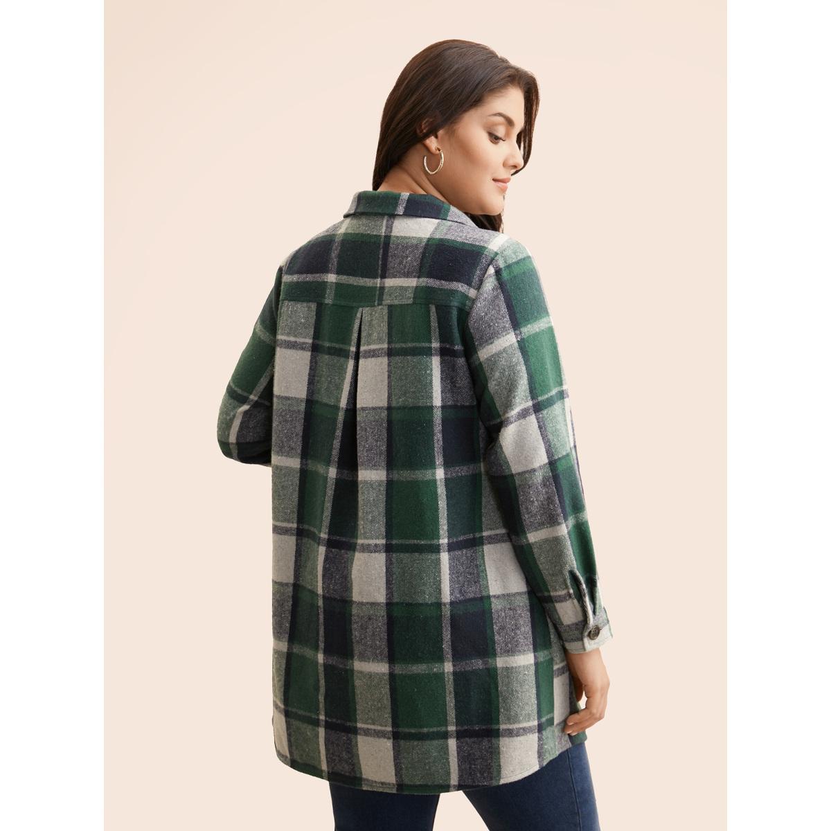 Plus Size Plaid Chest Pockets Long Jacket Women DarkGreen Button Loose Side seam pocket Casual Jackets BloomChic 14-16/1X Product Image