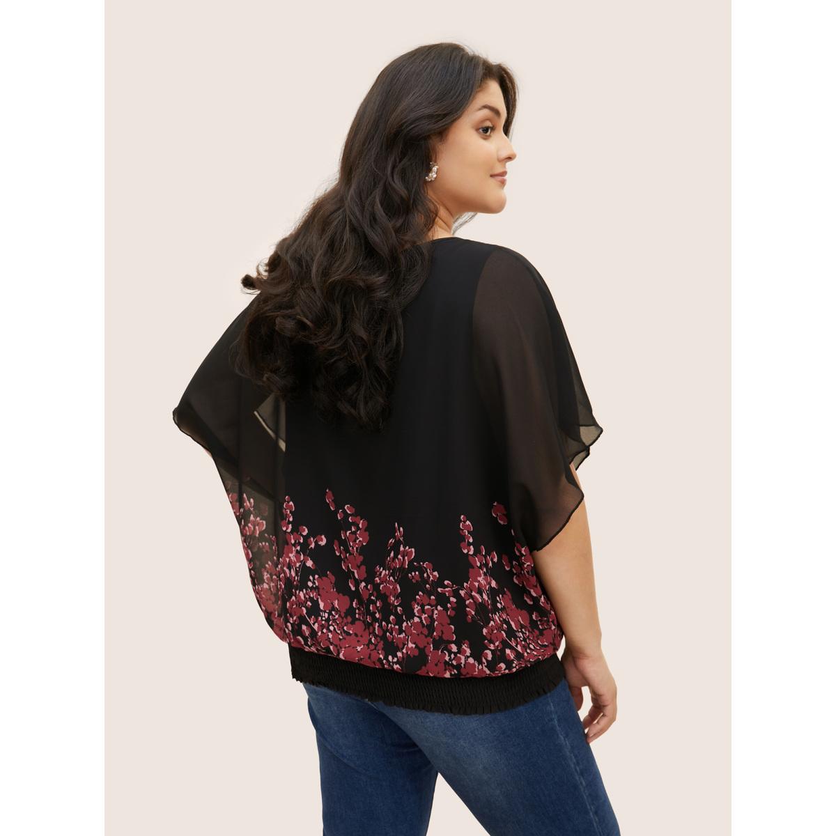 Plus Size Scarlet Pixel Flower Shirred Batwing Sleeve Blouse Women Elegant Half Sleeve U-neck Everyday Blouses BloomChic 28/5X Product Image