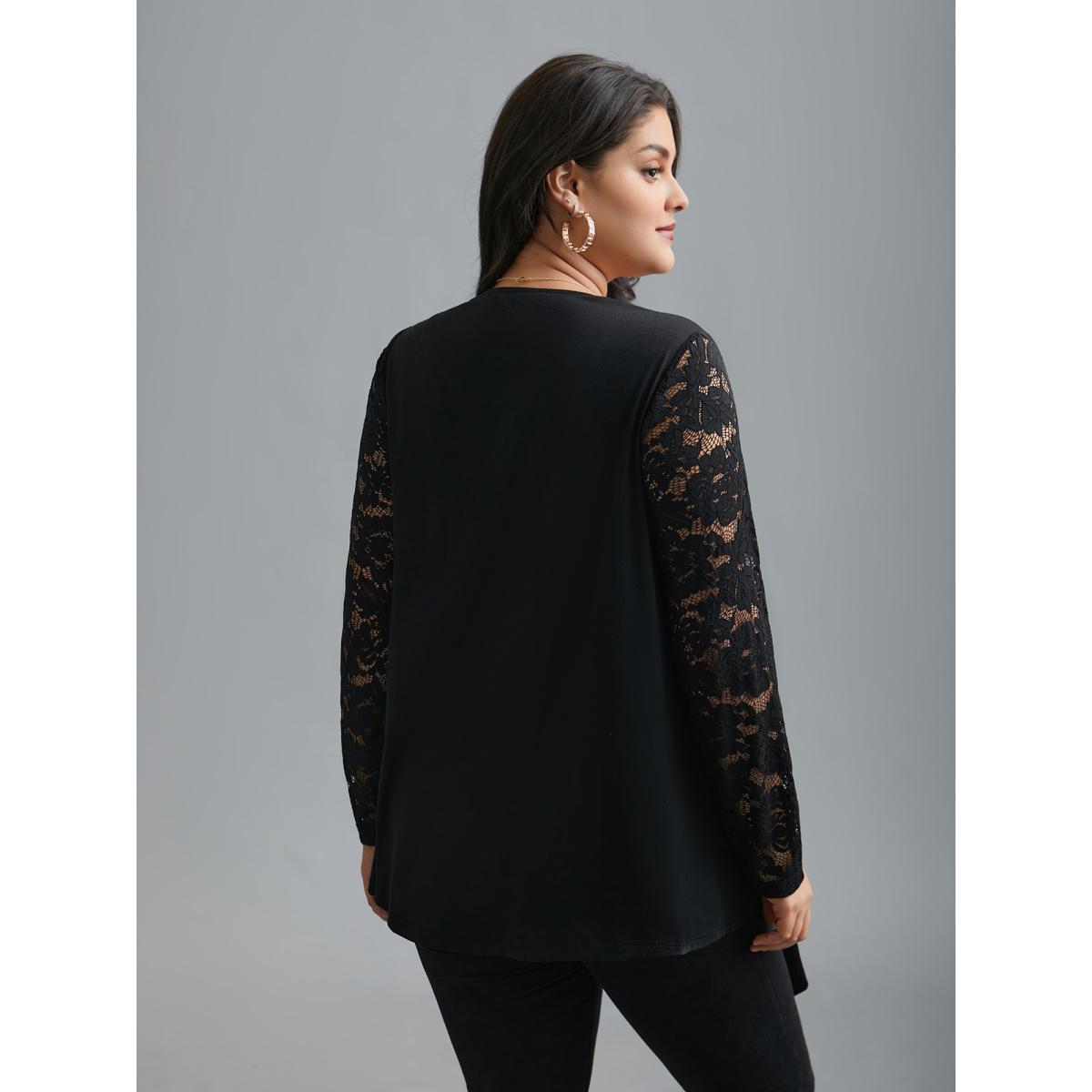 Plus Size Crochet Lace Mesh Asymmetrical Trim Cardigan Women Black Elegant See through Loose Everyday Kimonos BloomChic 12/L Product Image