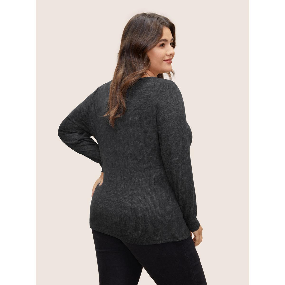 Plus Size Vintage Textured Button Up T-shirt Black Women Casual Texture Plain V-neck Everyday T-shirts BloomChic 12/L Product Image