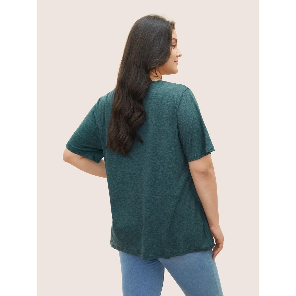 Plus Size Solid Pleated Front Button Detail V Neck T-shirt DarkGreen Women Casual Button Plain Everyday T-shirts BloomChic 30/6X Product Image