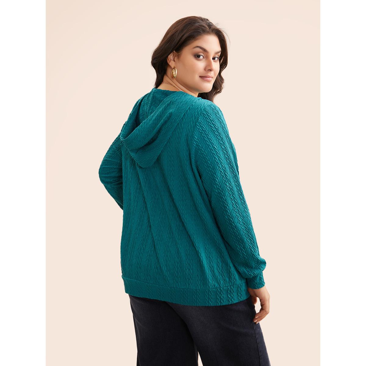 Plus Size Plain Textured Lace Up Hooded Sweatshirt Women Teal Casual Eyelet Non Everyday Sweatshirts BloomChic 18-20/2X Product Image