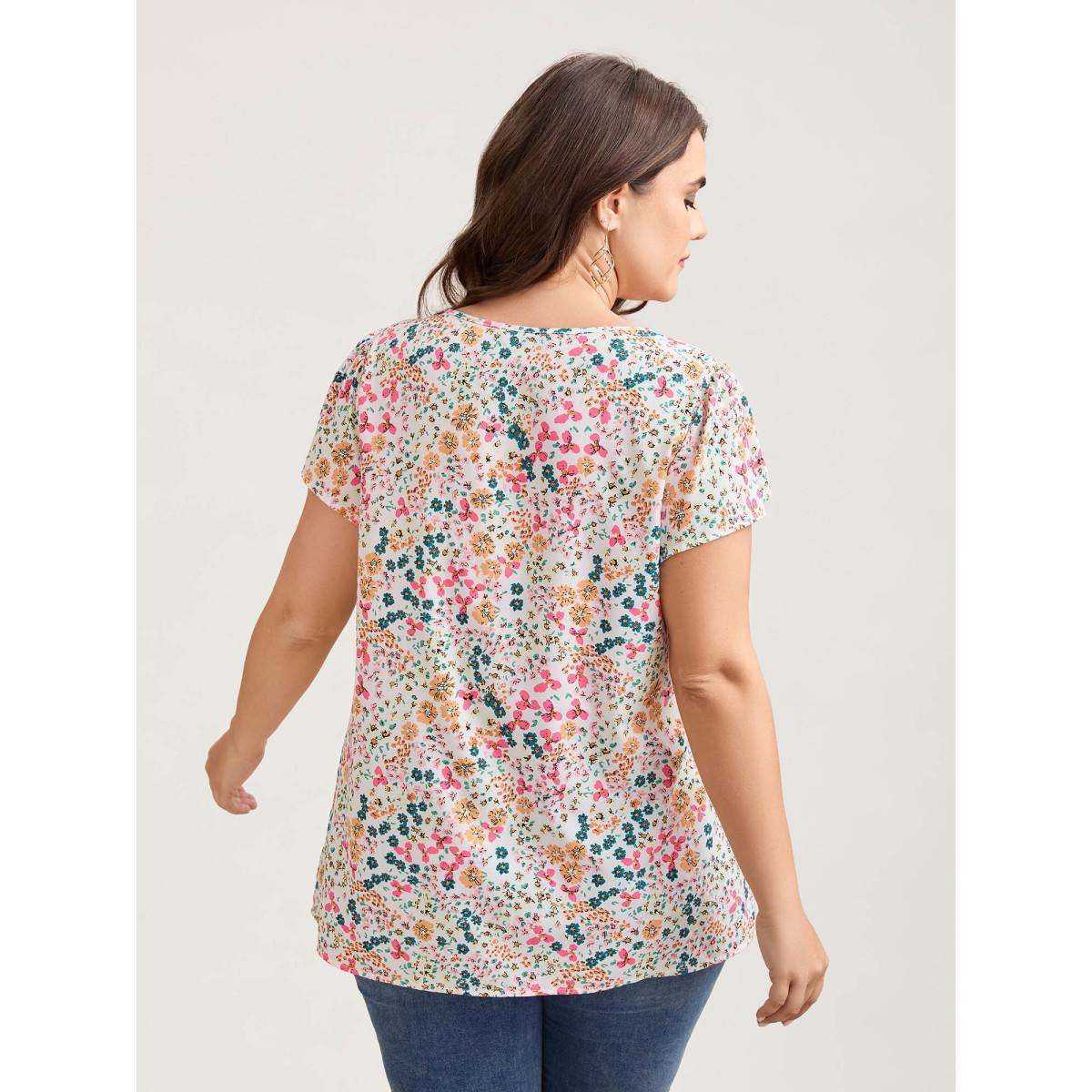 Plus Size WhiteSmoke Multi-Color Floral Print Lace Spliced Blouse Women Timeless Cap Sleeve Round Neck Elegant Blouses BloomChic 30/6X Product Image