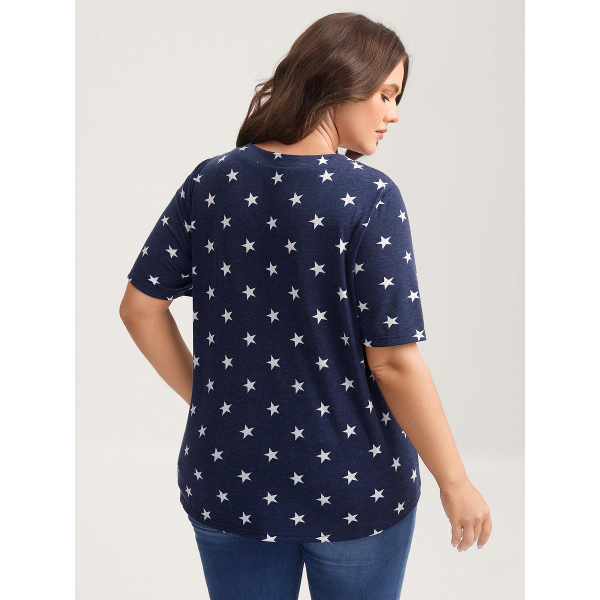 Plus Size Star Print Crisscross Neck Tie T-Shirt Navy Women Leisure Eyelet V-neck Casual T-shirts BloomChic 14-16/1X Product Image