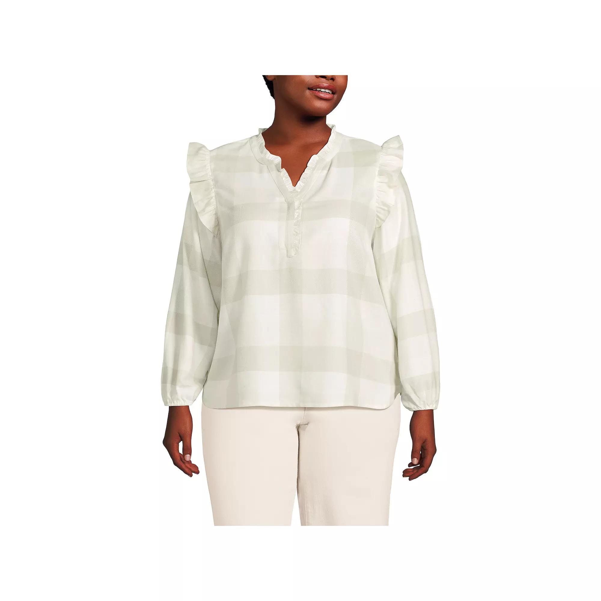 Plus Size Lands' End Ruffle Front Flannel Popover Blouse, Women's, Size: 1XL, Ivory Portobello Product Image
