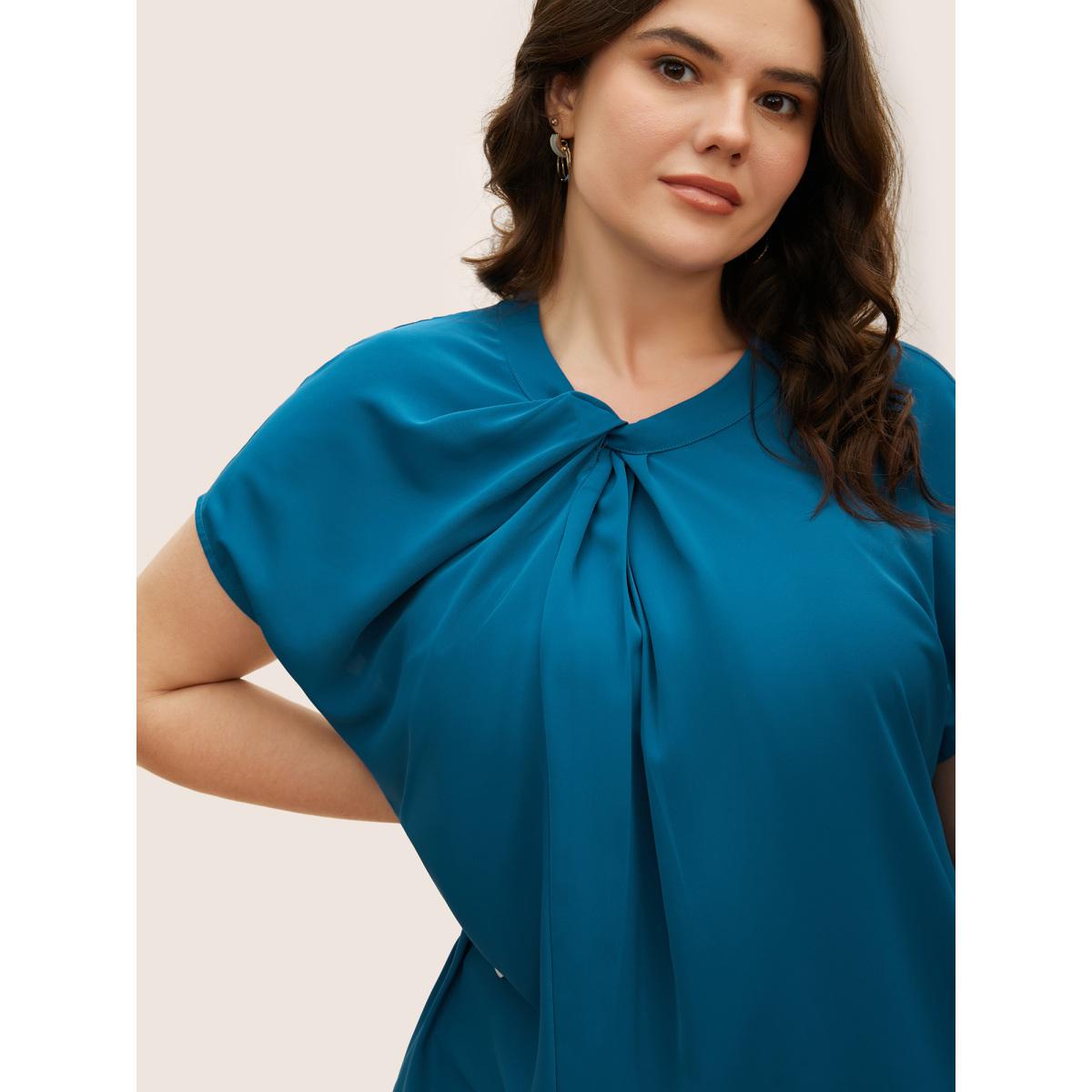 Plus Size Mediumblue Twist Front Pleated Dolman Sleeve Blouse Women At the Office Short sleeve Mock Neck Work Blouses BloomChic 26/4X Product Image