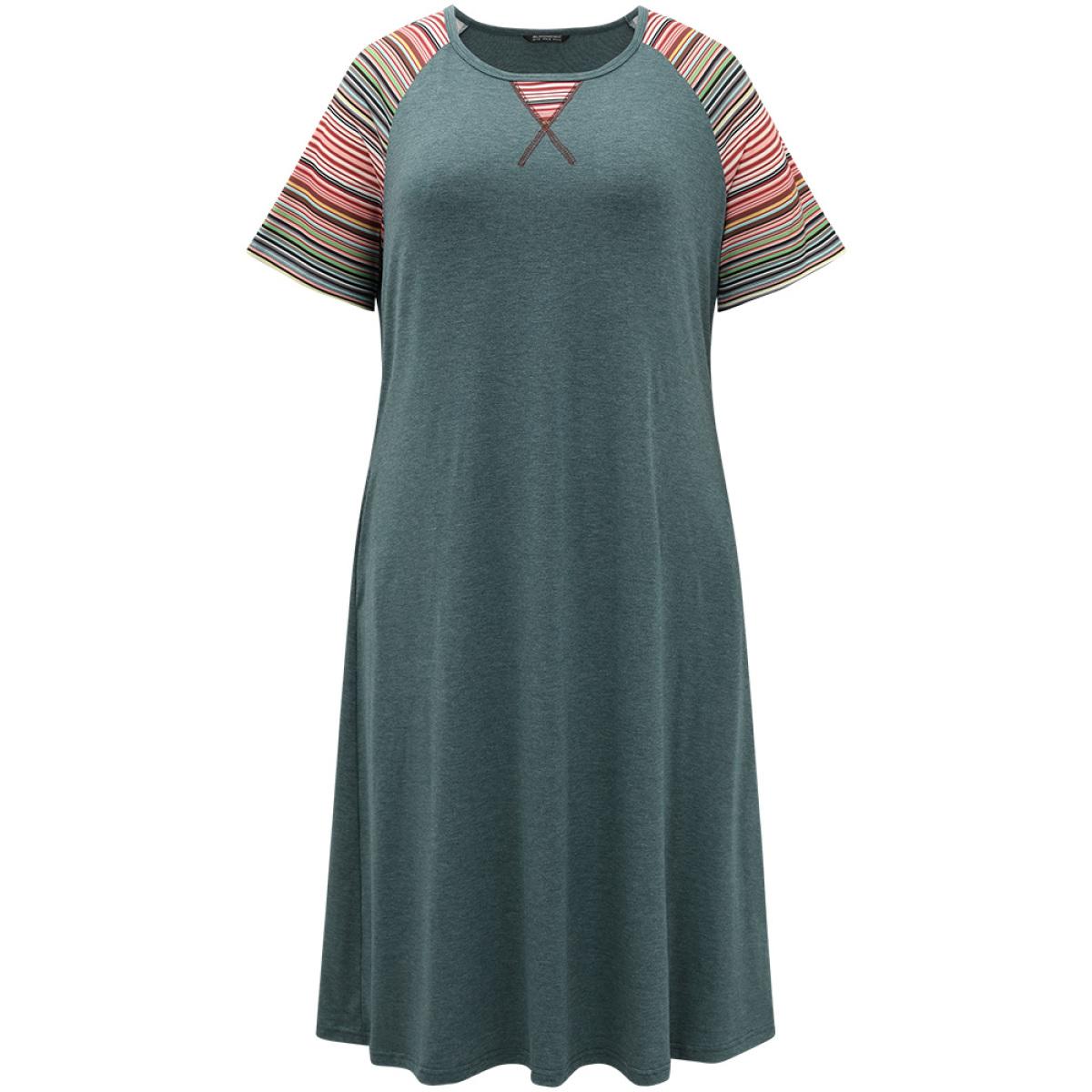 Plus Size Supersoft Essentials Striped Patchwork Pocket Stitch Raglan Sleeve Dress DarkGreen Women Casual Patchwork Round Neck Short sleeve Curvy Midi Dress BloomChic 10/M Product Image