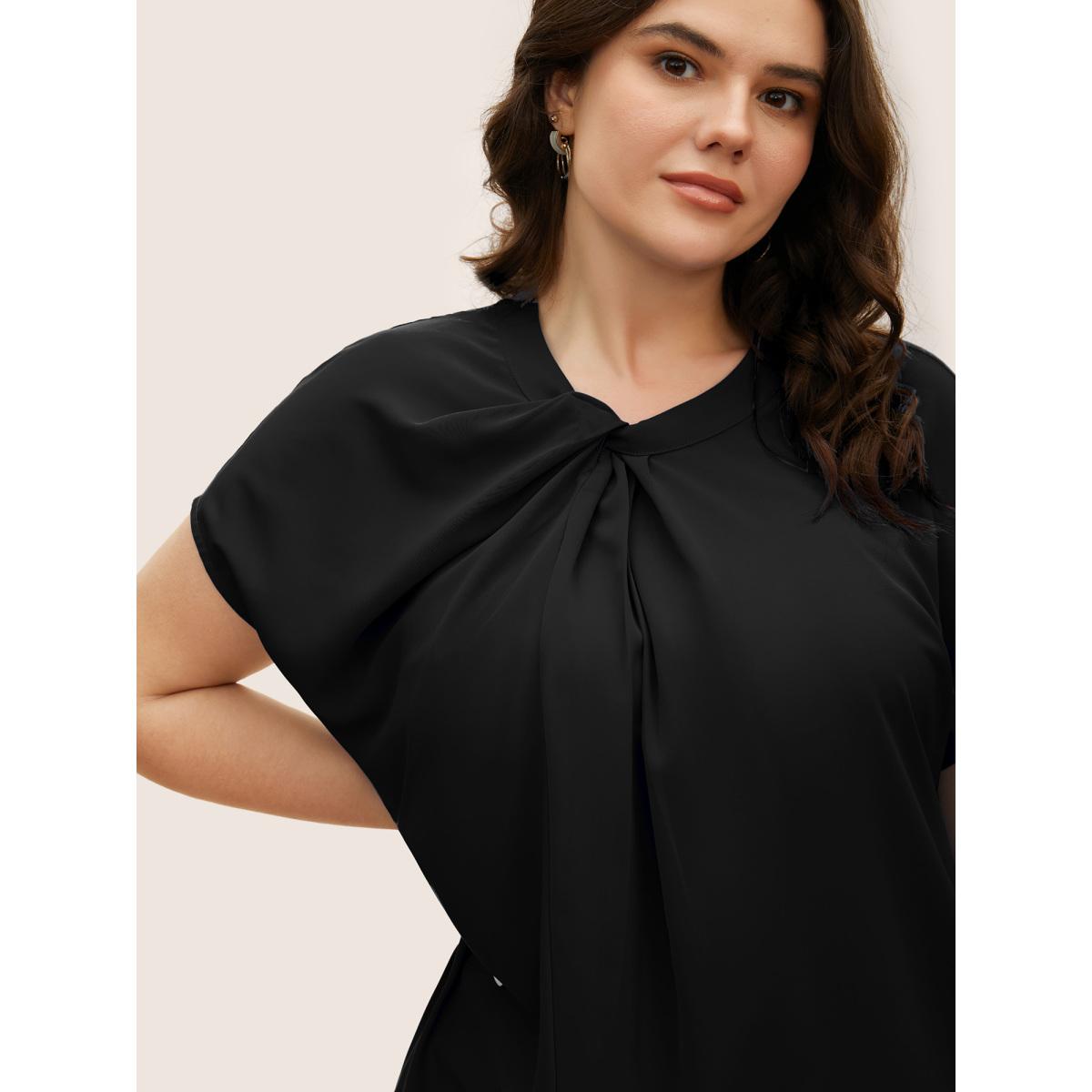 Plus Size Mediumblue Twist Front Pleated Dolman Sleeve Blouse Women At the Office Short sleeve Mock Neck Work Blouses BloomChic 26/4X Product Image