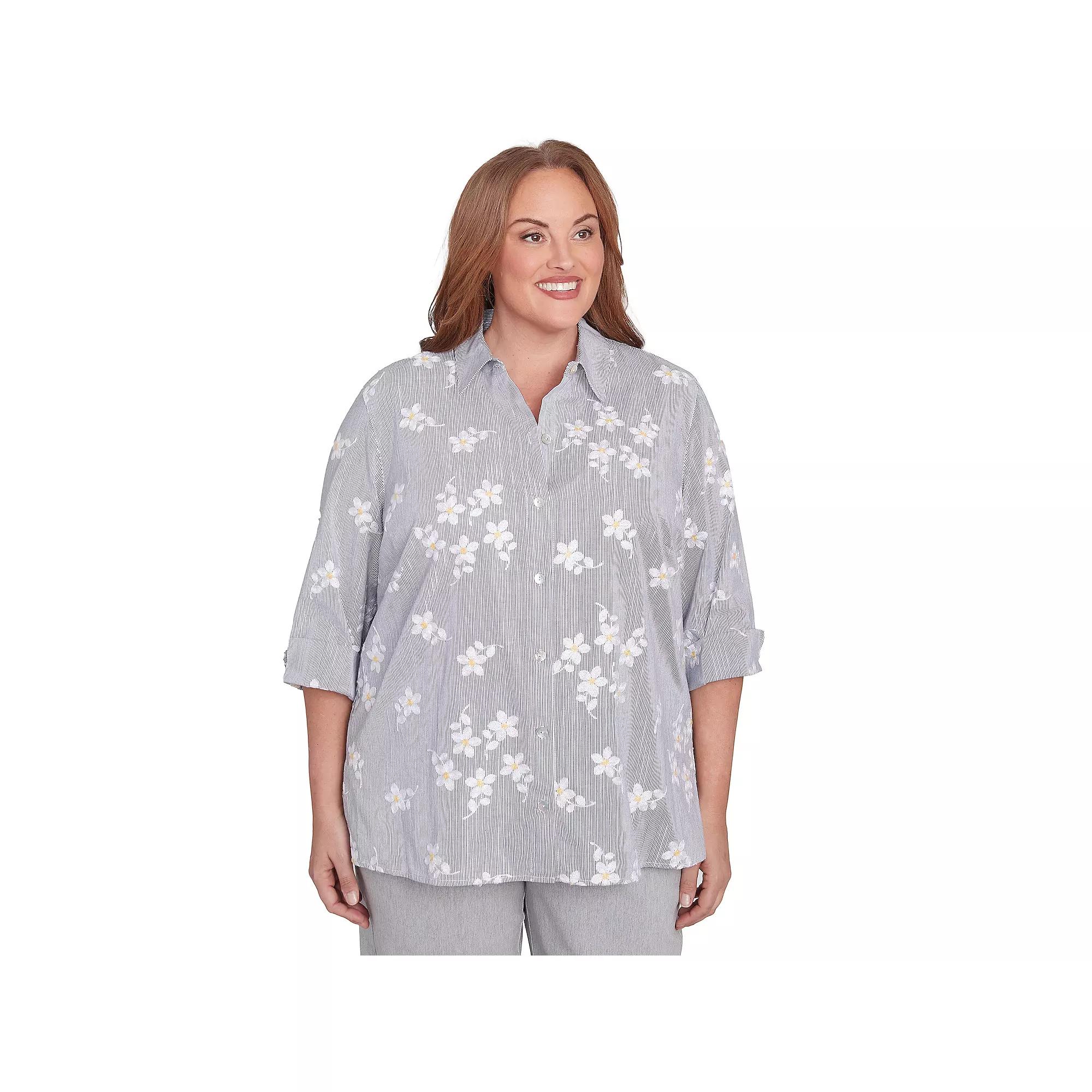 Plus Size Alfred Dunner Flower Embroidered Button Down Top, Women's, Size: 2XL, White Product Image