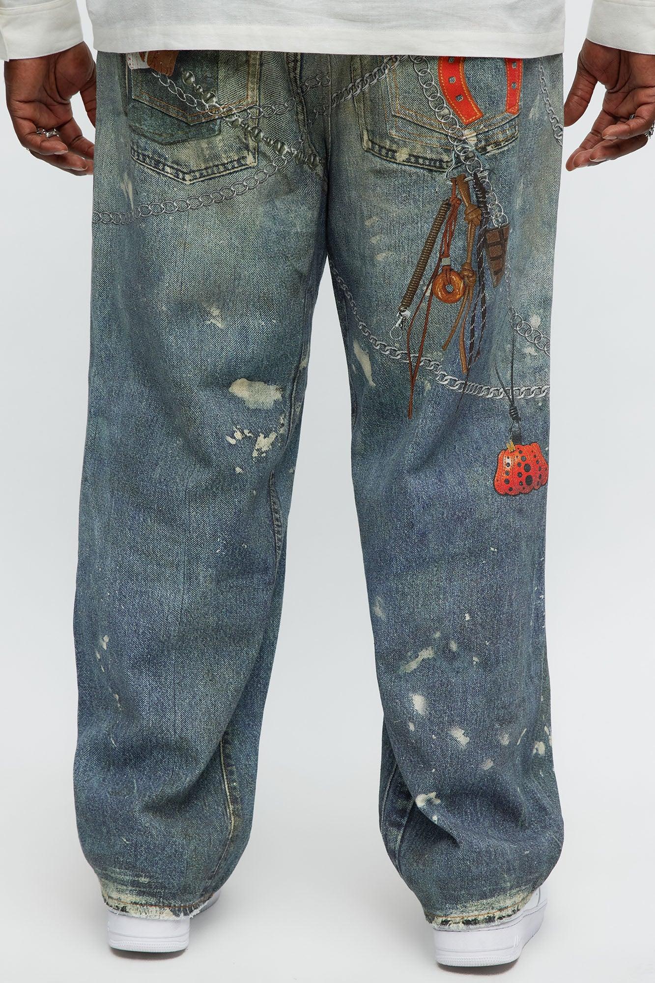 Baggy Rebel Printed Jeans - Medium Blue Wash Product Image