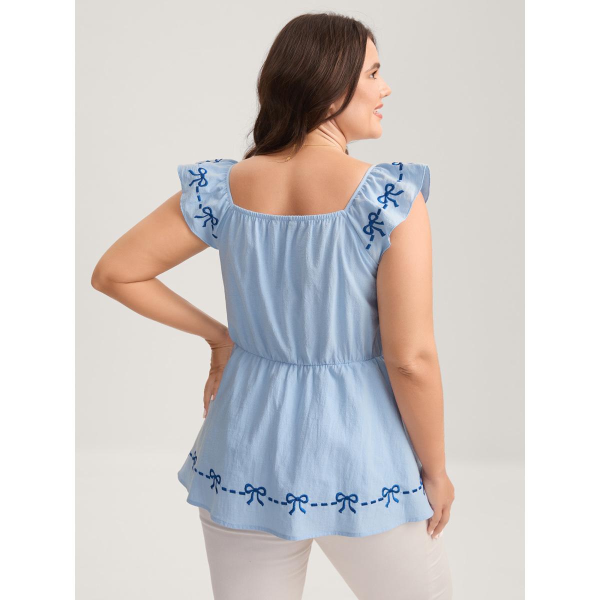 Plus Size LightBlue Bow-tiful Embroidery Ruched Neck Blouse Women Cap Sleeve Heart neckline Everyday-Elegant Blouses BloomChic 10/M Product Image