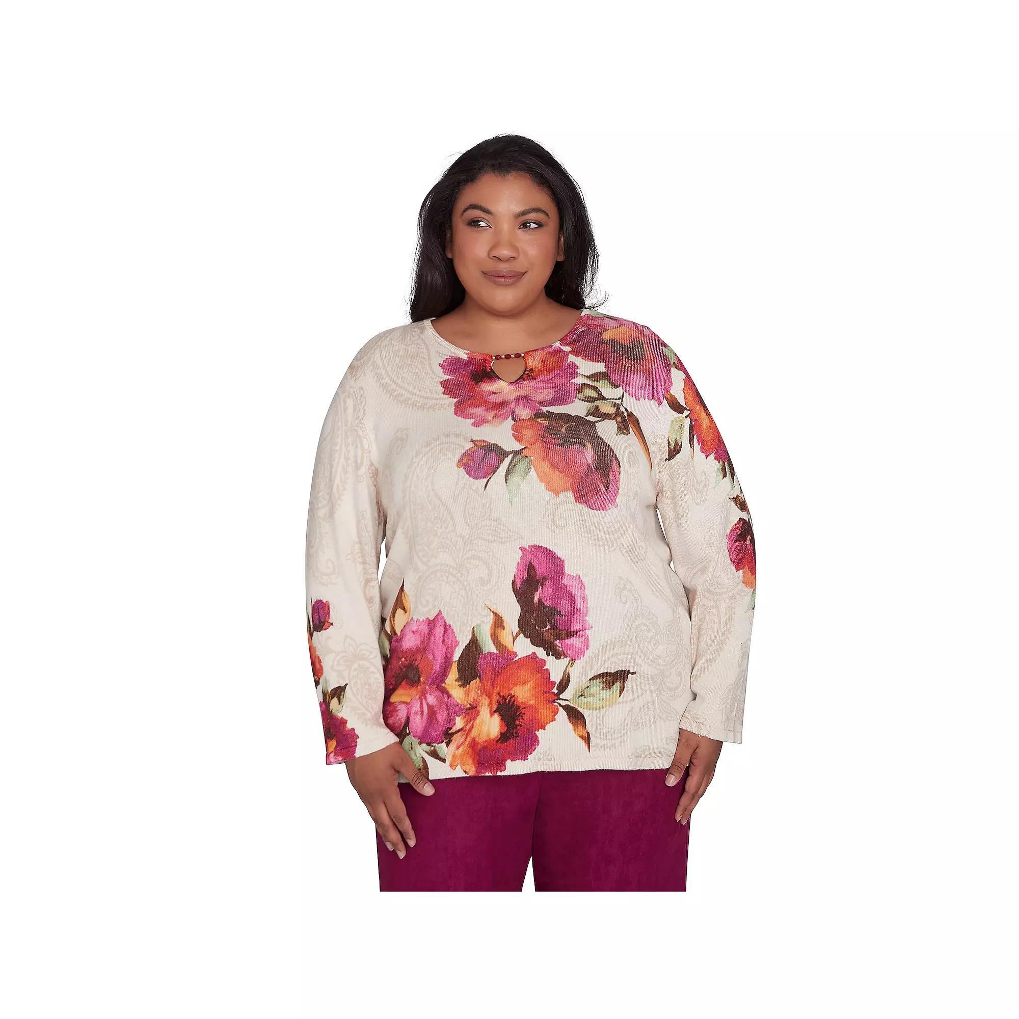 Plus Size Alfred Dunner Watercolor Floral Beaded Split Neck Top, Women's, Size: 1XL, Neutral Team Product Image