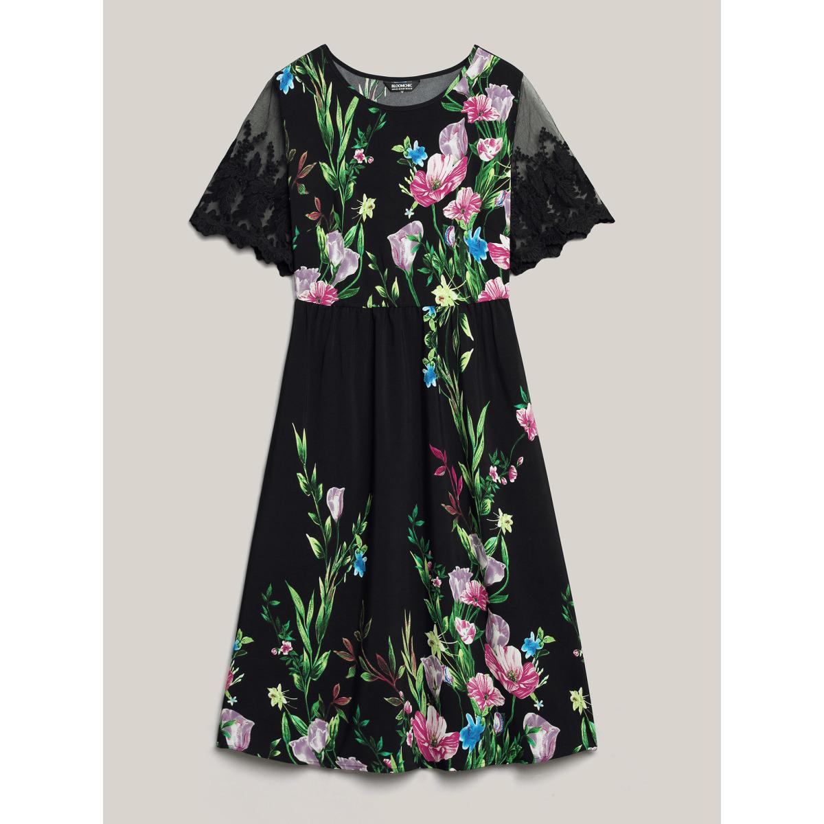 Plus Size Floral Print Flared Sleeve Spliced Midi Dress Black Women Elegant See through Round Neck Short sleeve Curvy BloomChic 14-16/1X Product Image
