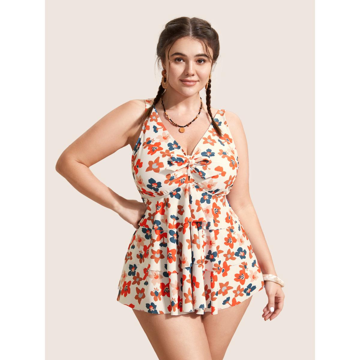 Plus Size Floral Tie Knot Tiered Ruffles Swim Top Women's Swimwear Beige Beach Tie knot High stretch Bodycon V-neck Curve Swim Tops BloomChic 12/L Product Image