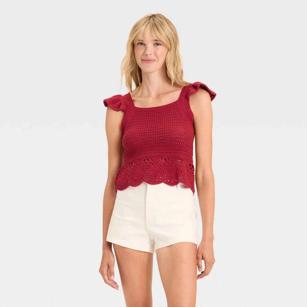 Women's Openwork Flutter Sleeve Sweater Tank - Universal Thread™ Red Red Product Image