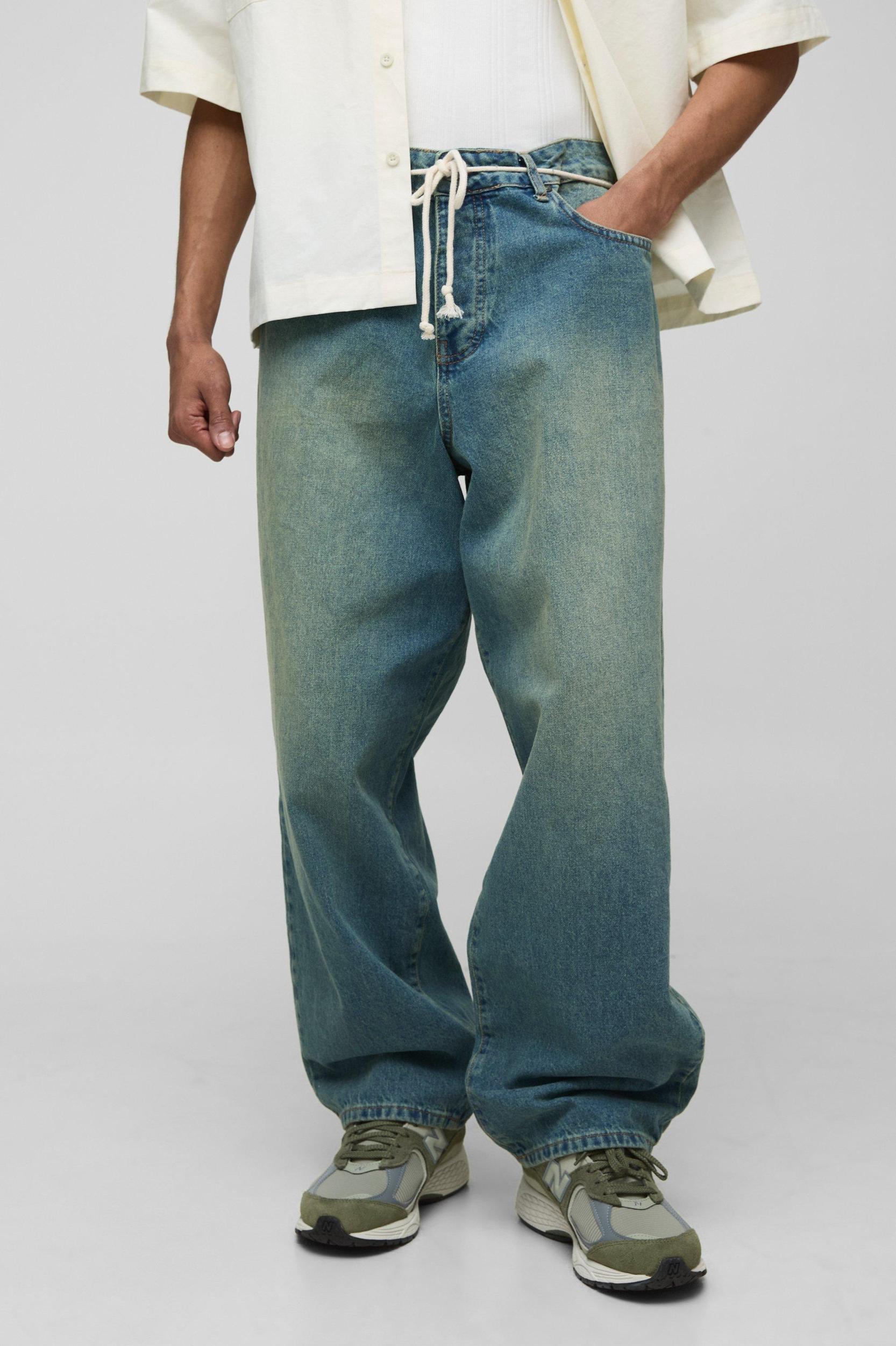 Balloon Fit Antique Tinted Rope Belt Jeans | boohooMAN USA Product Image