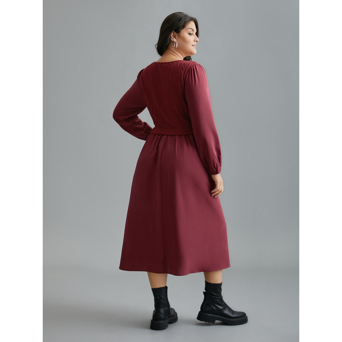 Plus Size Solid Cable Knit Lantern Sleeve Dress Burgundy Women Casual Texture Round Neck Long Sleeve Curvy BloomChic 28/5X Product Image