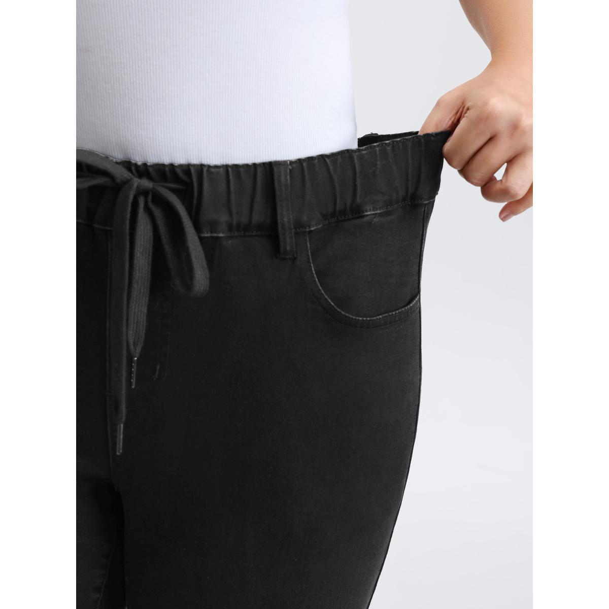 Plus Size Supersoft Waist Drawstring Skinny-Fit Jeans Women Denimblack Leisure Elastic Waist High stretch Slanted pocket Jeans BloomChic 24/3X Product Image