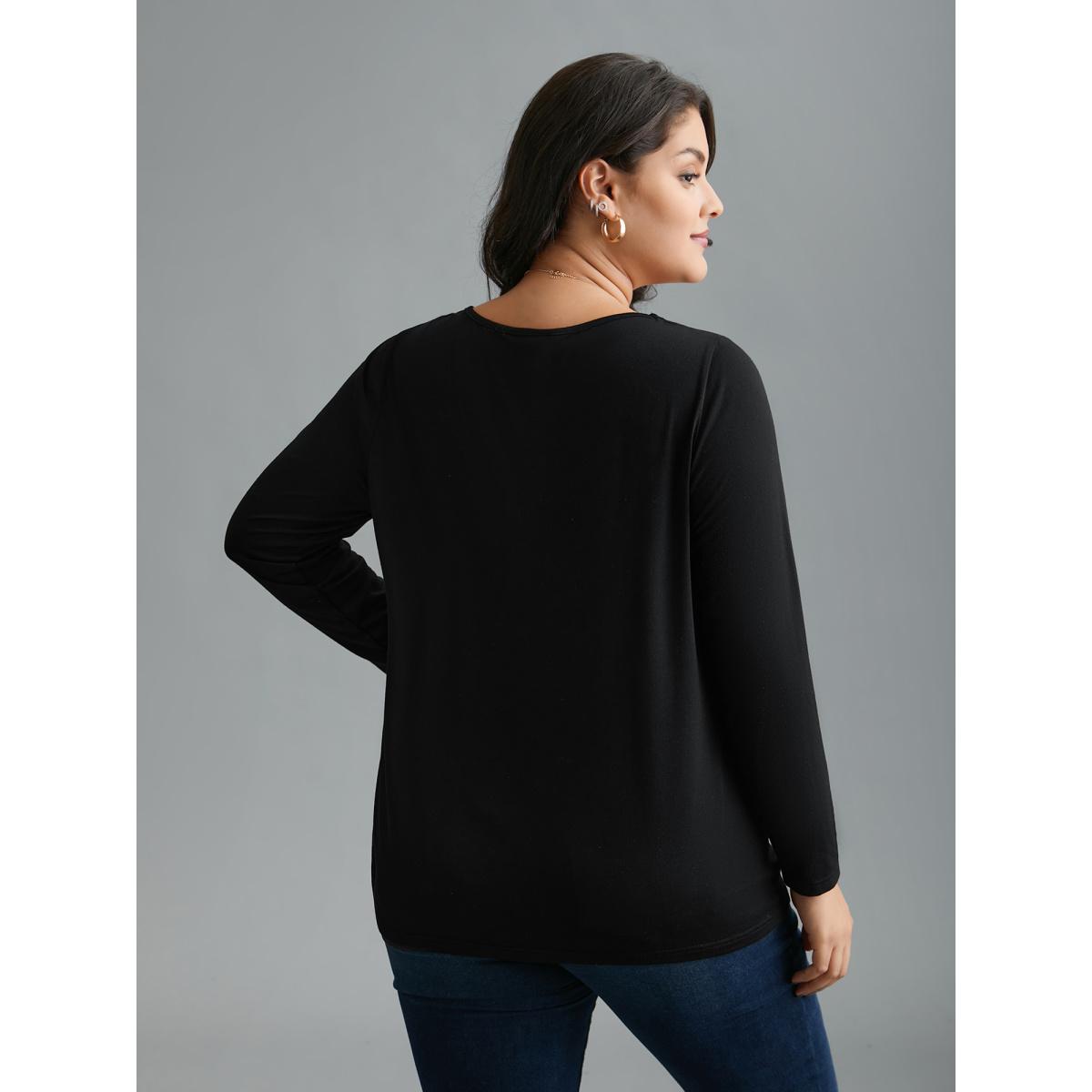 Plus Size Asymmetrical Neckline Long Sleeve T-shirt Black Women Casual Cut-Out Asymmetrical Neck Everyday T-shirts BloomChic 18-20/2X Product Image