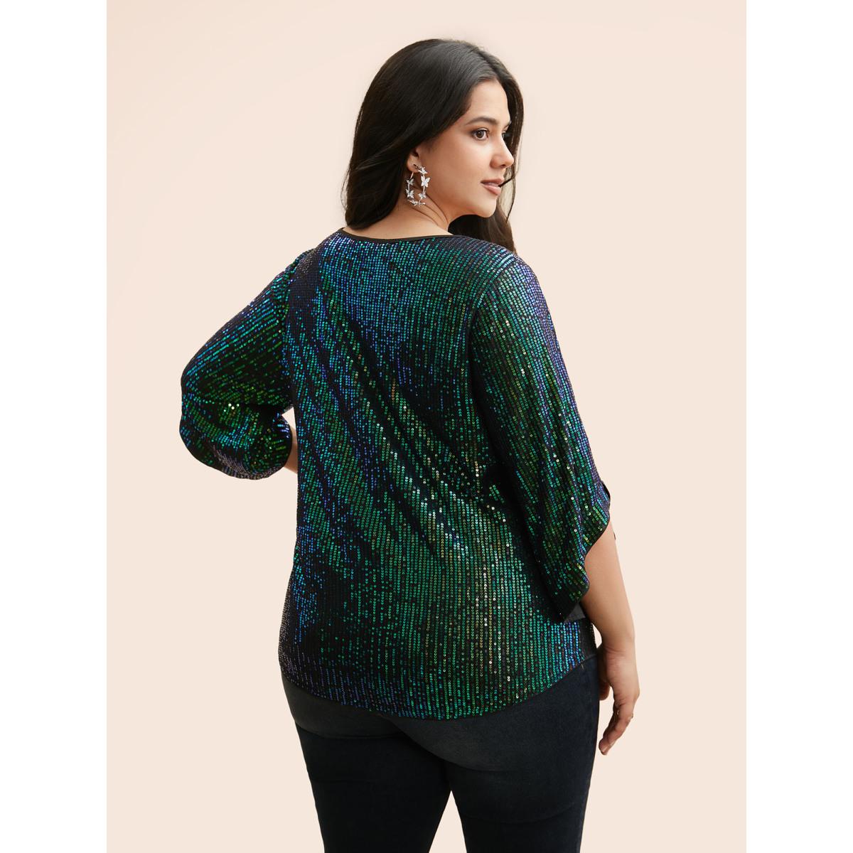 Plus Size DarkGreen Round Neck Sequin Bell Sleeve Blouse Women Cocktail Elbow-length sleeve Round Neck Party Blouses BloomChic 10/M Product Image