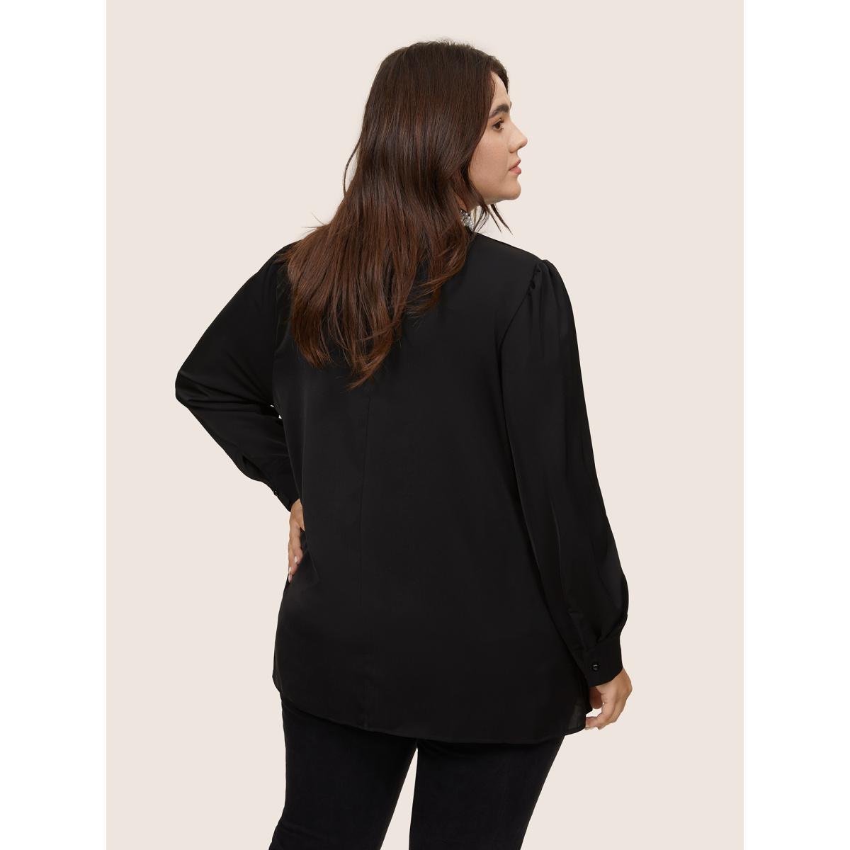 Plus Size Black Anti-Wrinkle Pearl Beaded Contrast Webbing Blouse Women Glamour Long Sleeve Round Neck Going out Blouses BloomChic 14-16/1X Product Image