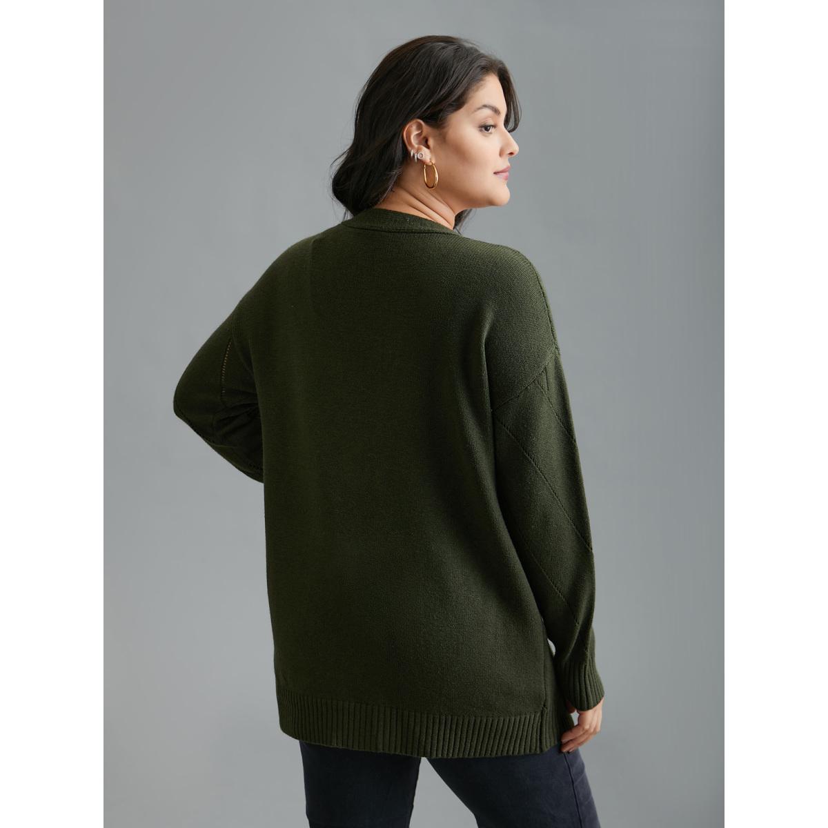Plus Size Cable Knit Open-Front Pocket Knit Cardigan ArmyGreen Women Casual Loose Long Sleeve Everyday Cardigans BloomChic 14-16/1X Product Image