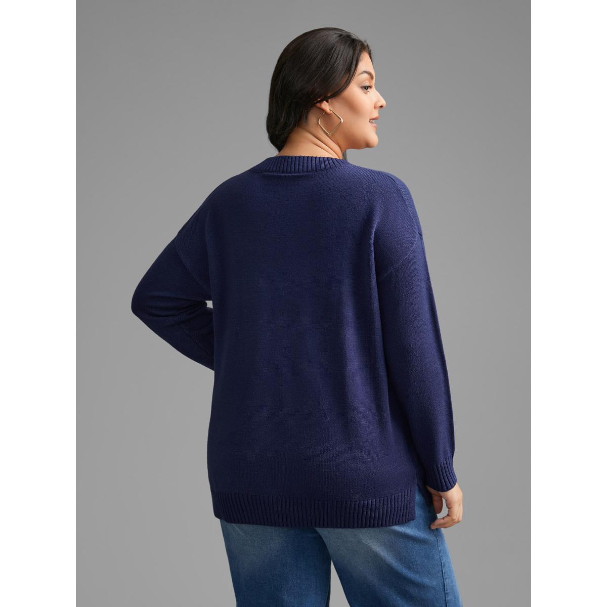 Plus Size Striped Jacquard Patched Pocket Pullover Indigo Women Casual Loose Long Sleeve V-neck Everyday Pullovers BloomChic 12/L Product Image
