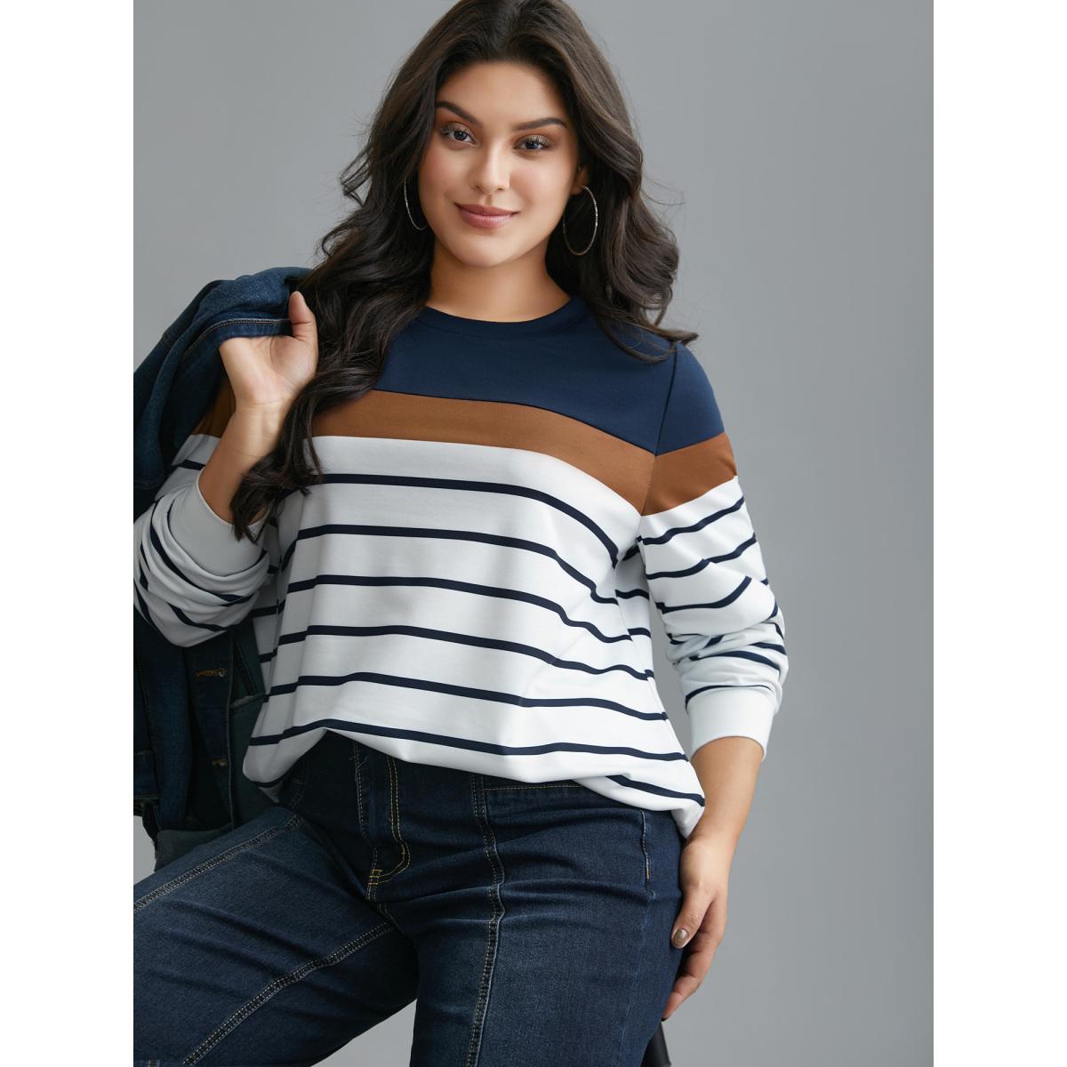 Plus Size Striped Contrast Round Neck Sweatshirt Women Midnight Casual Contrast Loose Round Neck Everyday Sweatshirts BloomChic 10/M Product Image