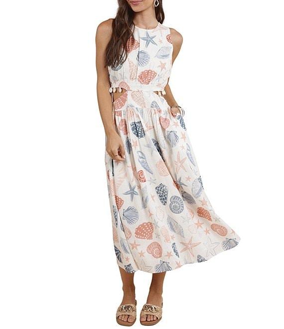 Sadie & Sage Linen Blend Seashell Print Side Cutout Shell Trim Dress Product Image