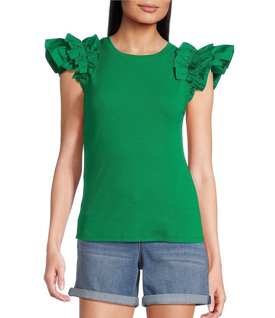 Gibson & Latimer Ribbed Knit Crew Neck Contrasting Poplin Ruffled Short Sleeve Top Product Image