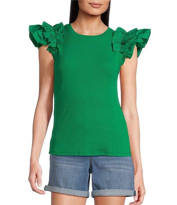 Gibson & Latimer Ribbed Knit Crew Neck Contrasting Poplin Ruffled Short Sleeve Top Product Image