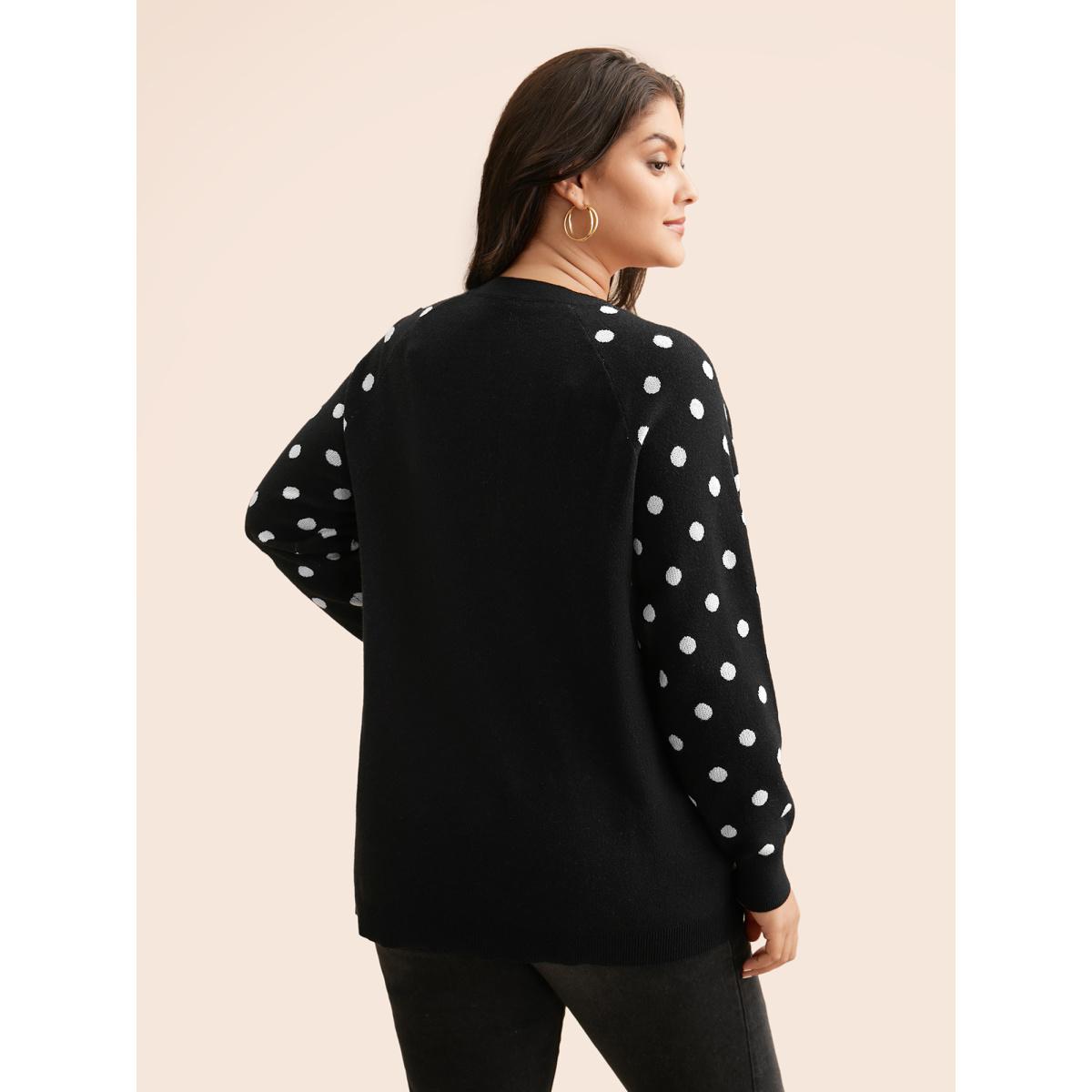 Plus Size Polka Dot Crew Neck Raglan Sleeve Pullover Black Women Casual Loose Long Sleeve Round Neck Everyday Pullovers BloomChic 18-20/2X Product Image