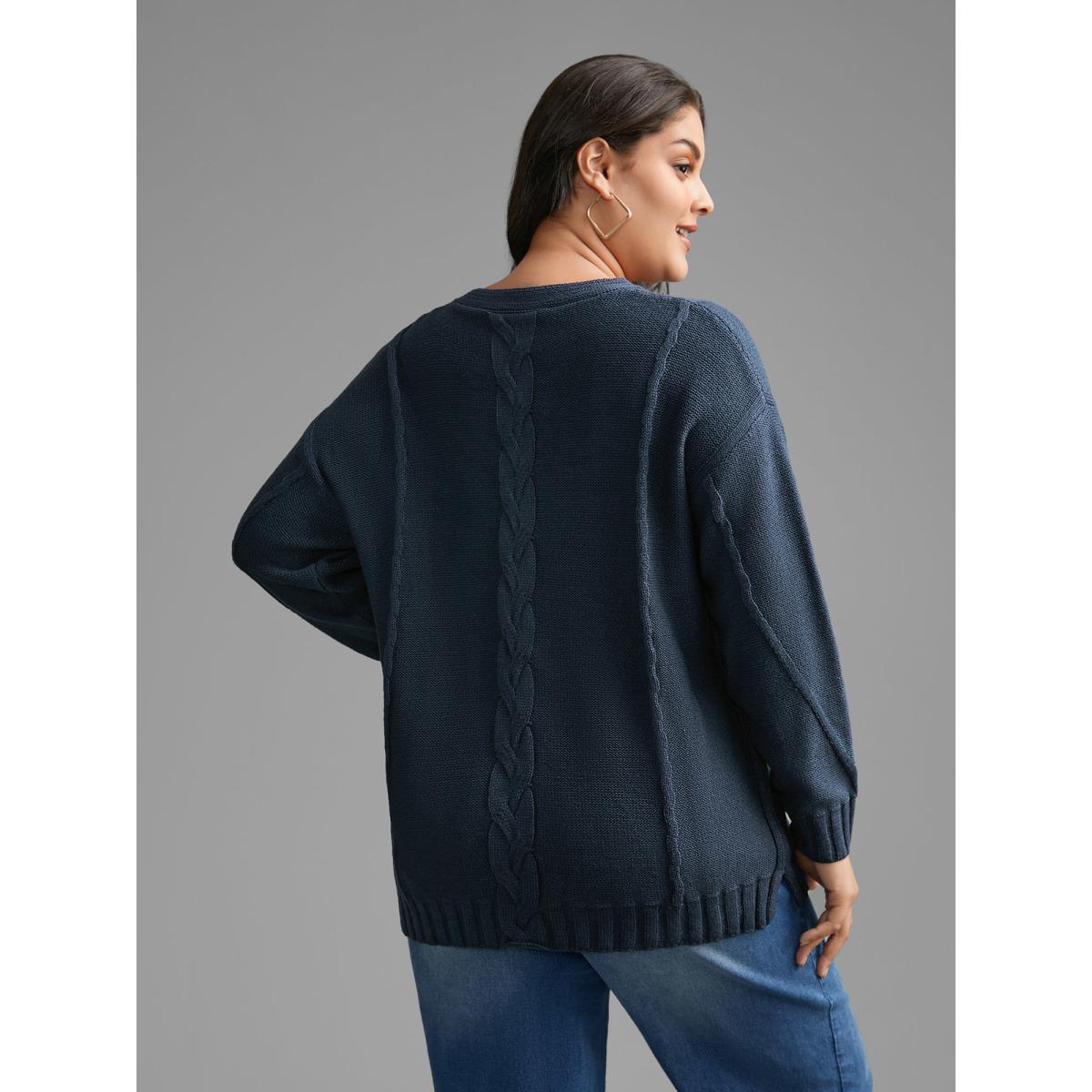 Plus Size V Neck Cable Knit Texture Pullover Midnight Women Leisure Loose Long Sleeve V-neck Casual Pullovers BloomChic 10/M Product Image