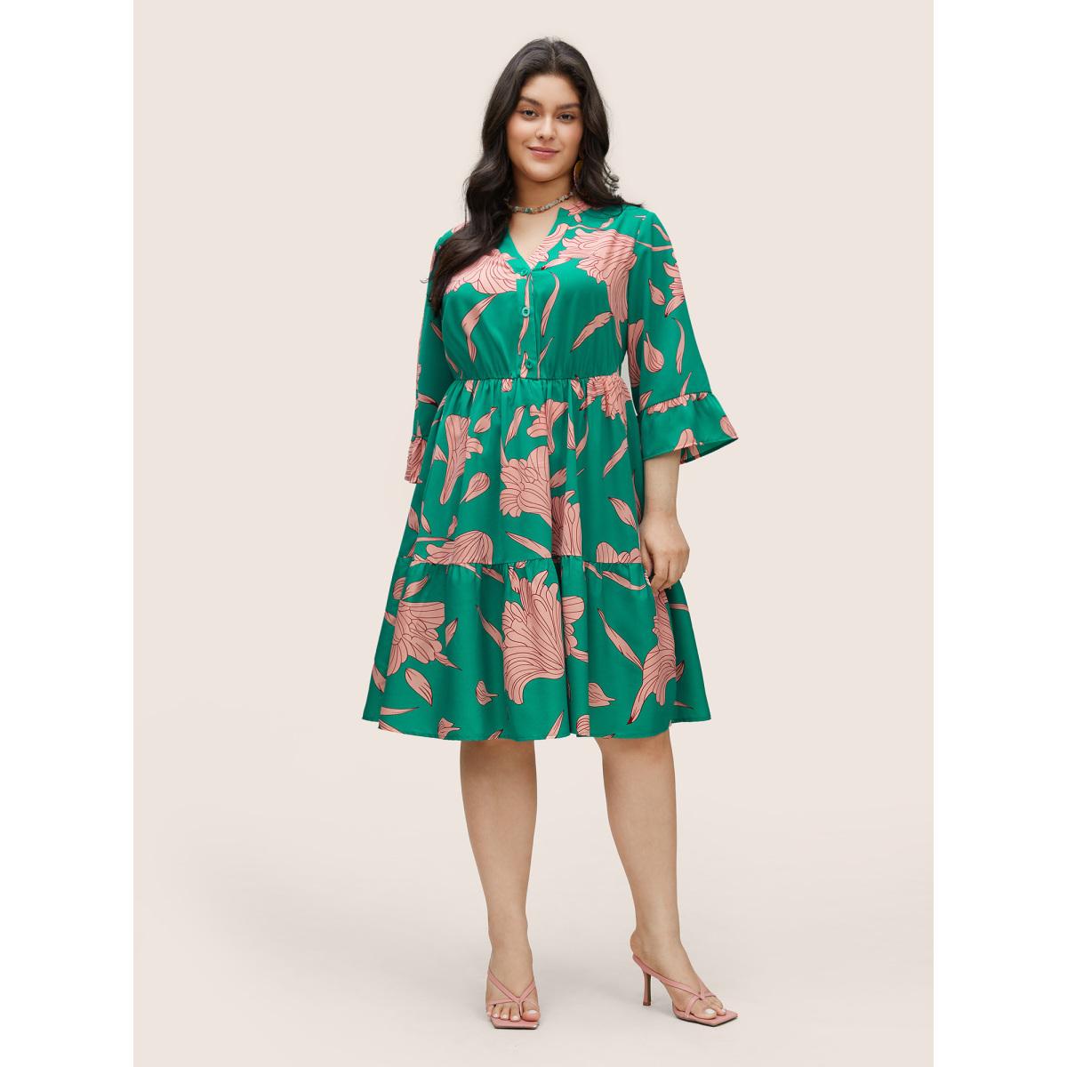 Plus Size Floral Notched Button Up Patchwork Ruffles Dress Green Women Elegant Non Notched collar Elbow-length sleeve Curvy Midi Dress BloomChic 26/4X Product Image
